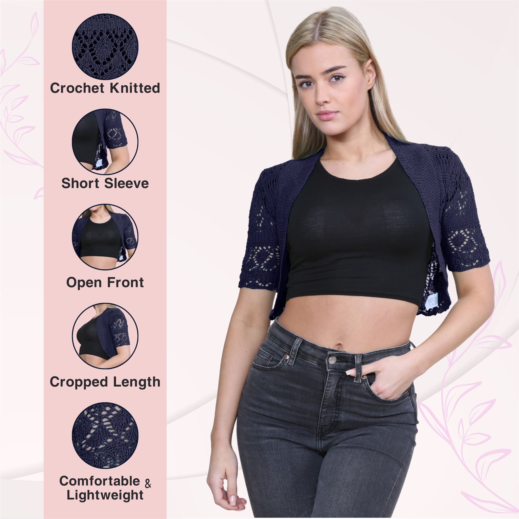 Womens Crochet Knitted Bolero Shrug Short Sleeve Open Front Cardigan Crop Top - Picture 113 of 186