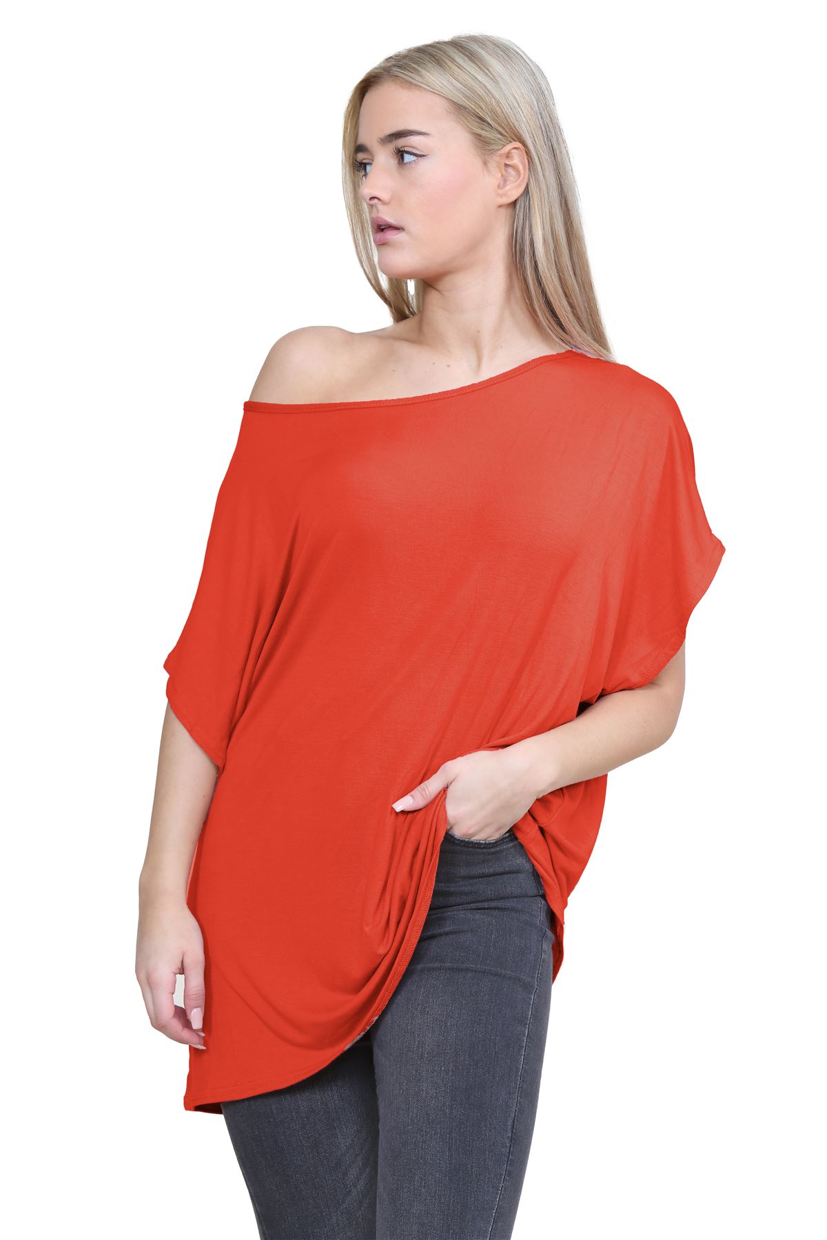Schulterfreies Damen-T-Shirt Oberteil Fledermausärmel Oversize uni Freizeit Bardot Oberteil - Bild 179 von 225