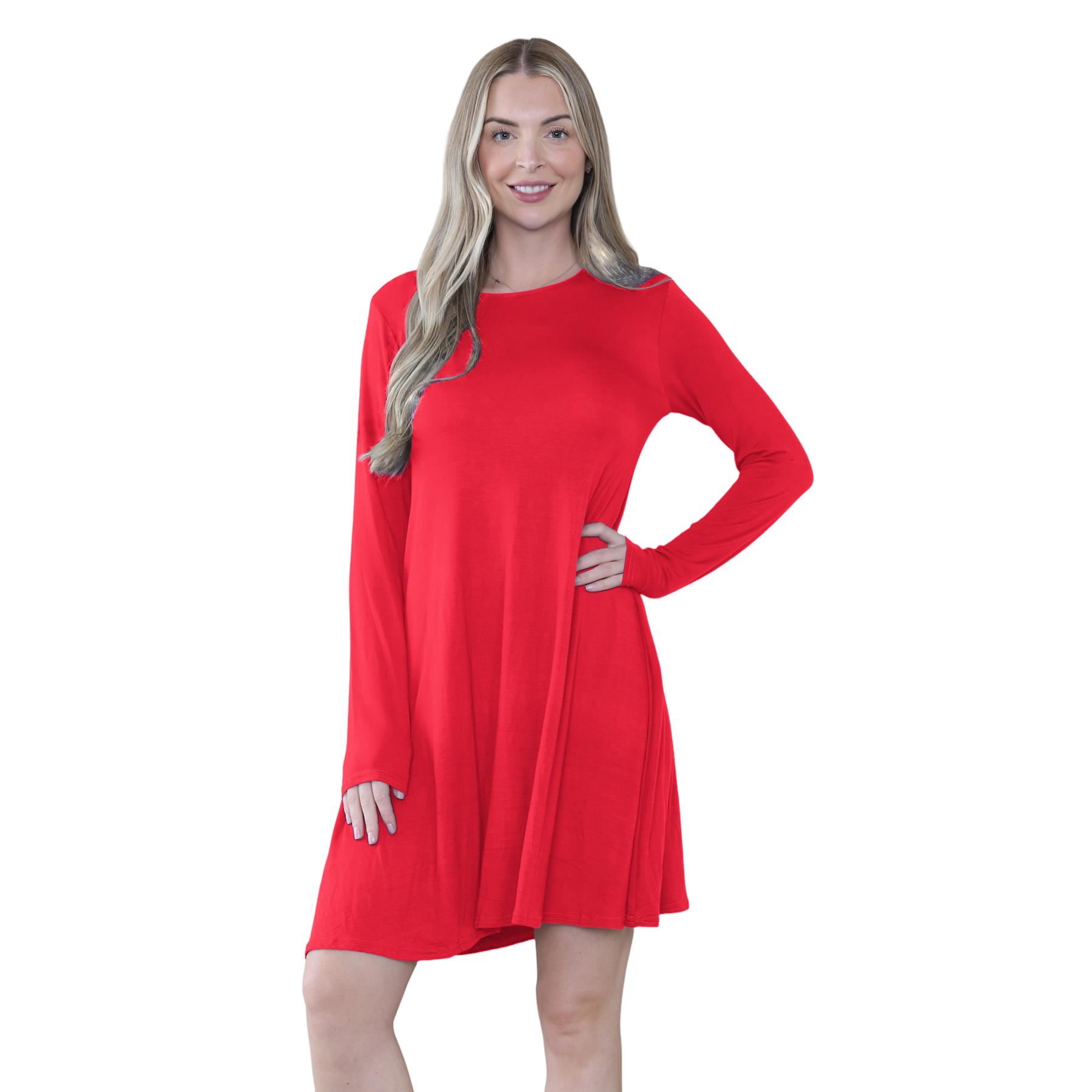 Damen Swing Kleid Uni Langarm Freizeit Ausgestellt A Linie Mini Oberteil Übergröße - Bild 69 von 100