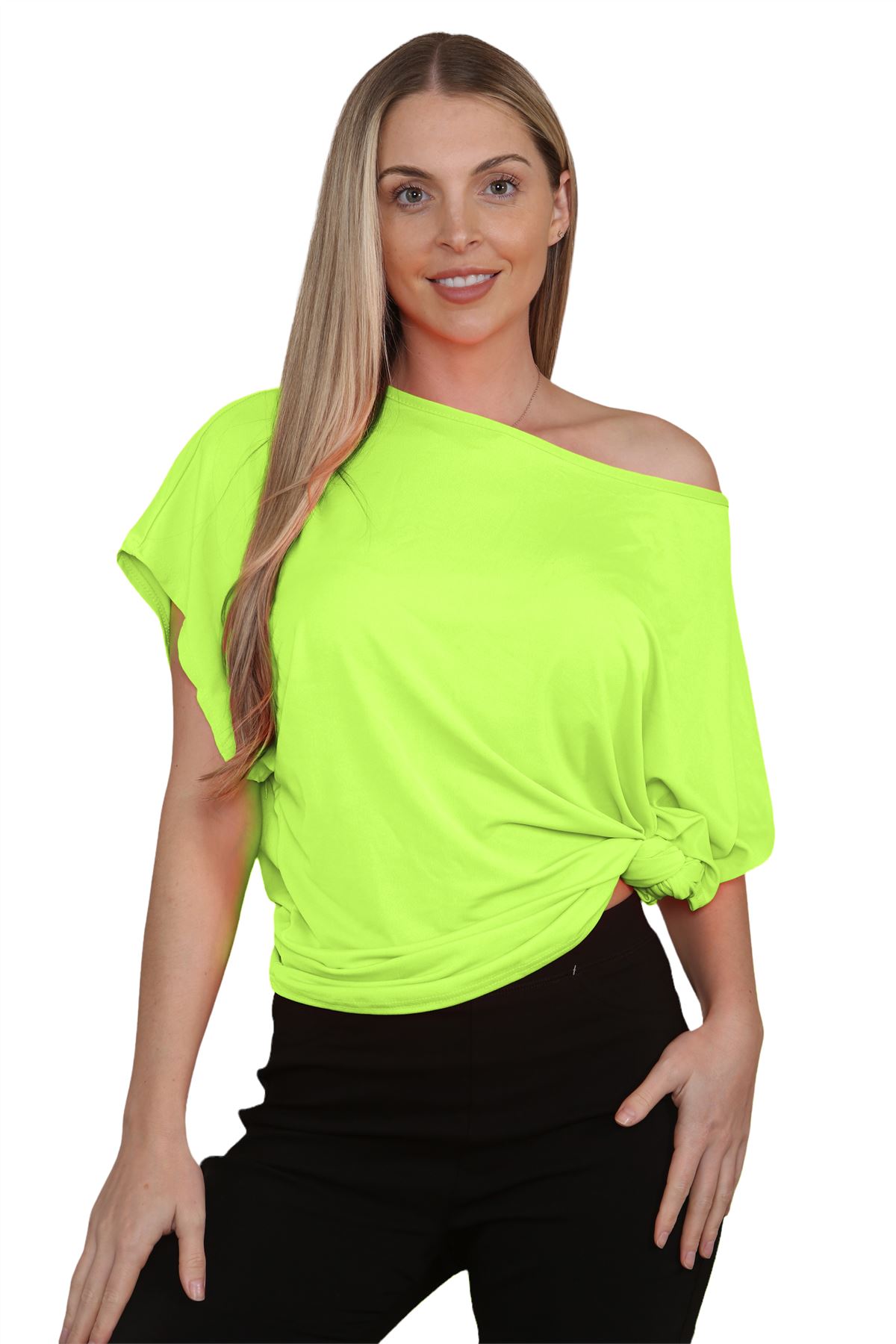 Womens Oversized T Shirt Top Short Sleeve Tie Knot Bardot Off Shoulder Crop Top - Picture 36 of 65