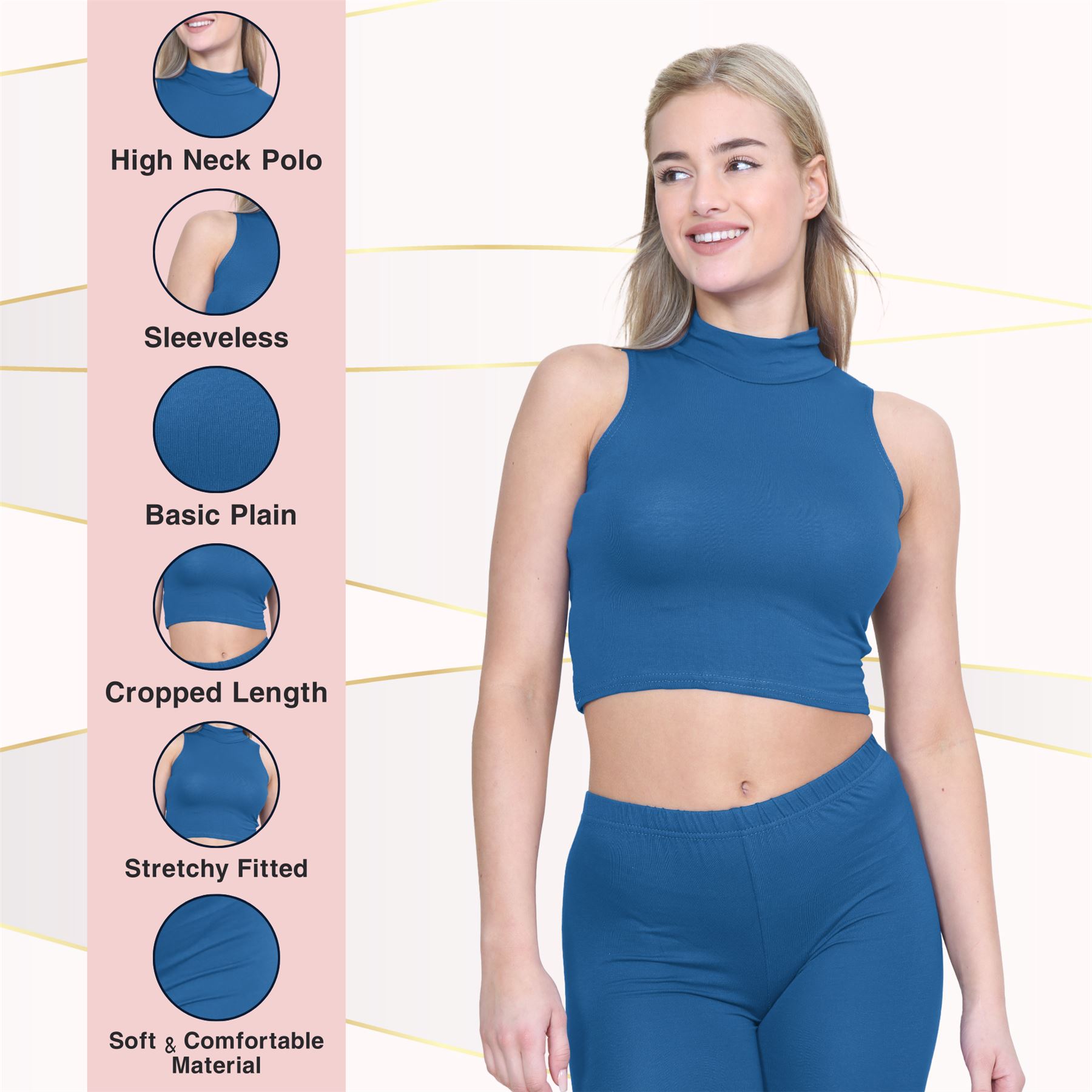 Womens Sleeveless Crop Top Ladies High Turtle Neck Plain Stretchy T-Shirt Vest - Picture 145 of 165