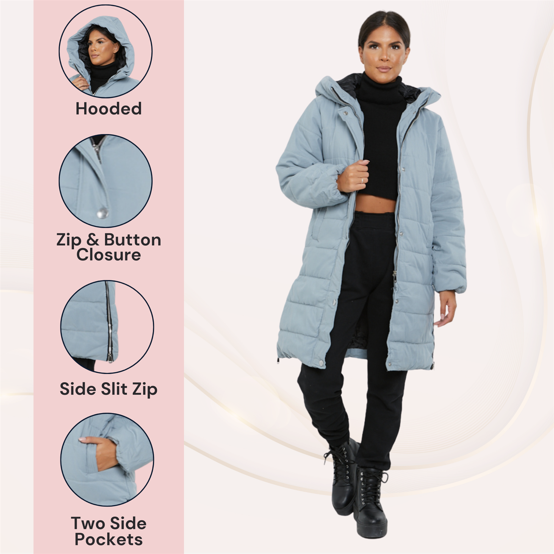 Womens Hooded Longline Coat Puffer Padded Long Sleeve Bodywarmer Winter Jacket - Picture 21 of 50