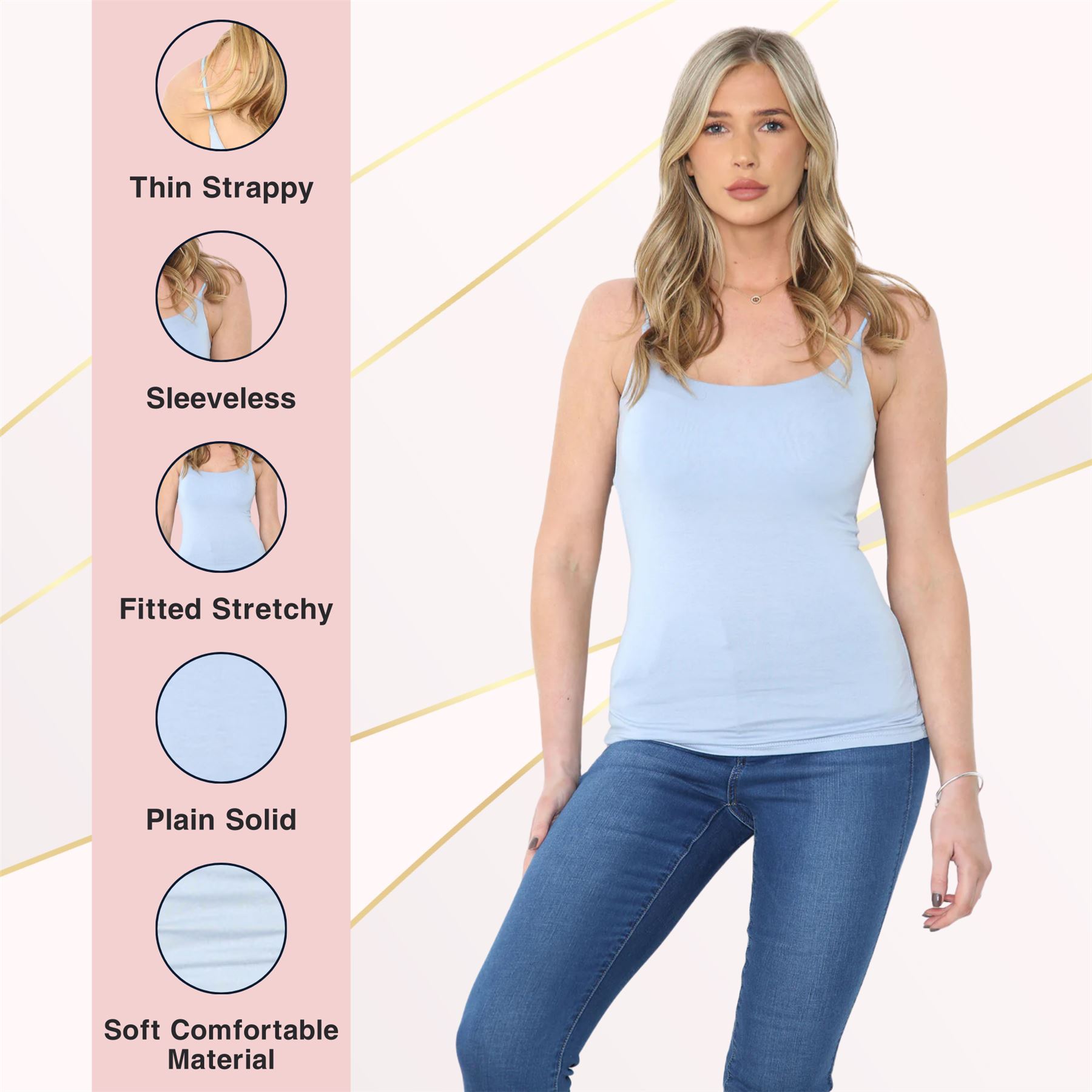 Womens Bodycon Cami Strappy Tank Top Plain Summer Activewear Vest Top, Pack of 3 - Picture 173 of 221