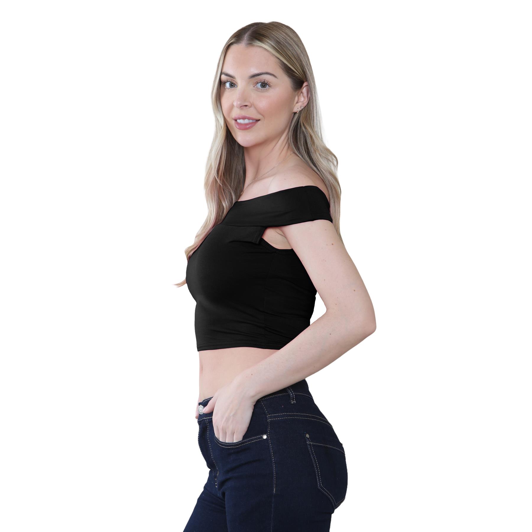Schulterfreies bauchfreies Damen-T-Shirt Bardot ärmellos schlicht Sommer Freizeit Party - Bild 4 von 71