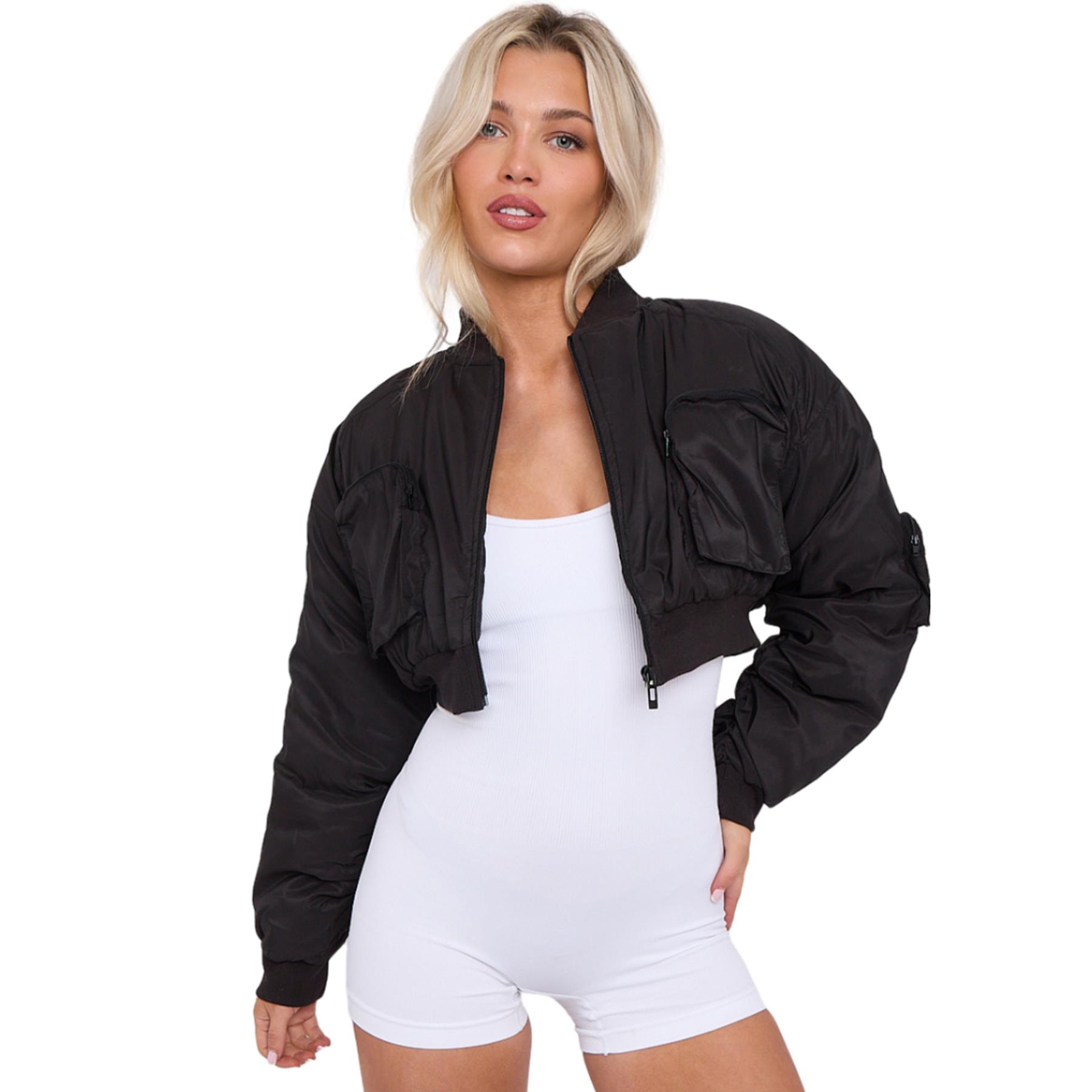 Cropped Bomber Jacket Women Zipper Long Sleeve Ladies Utility Pockets Short Coat