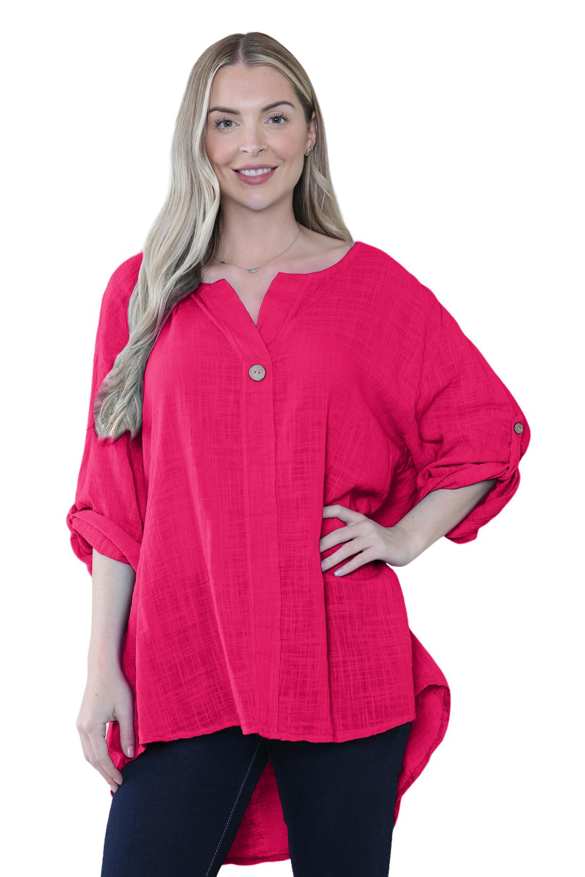 Camiseta informal lisa de lino y algodón con un botón de manga giratoria italiana para dama - Imagen 13 de 63
