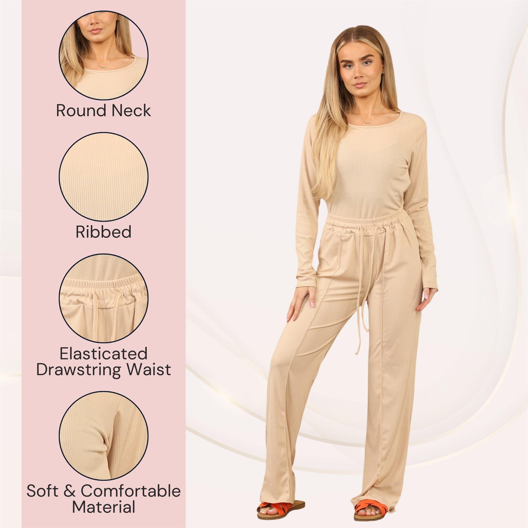 Conjunto de 2 piezas de body acanalado de pierna ancha para damas Chándal Co Ords Ropa de salón - Imagen 28 de 29