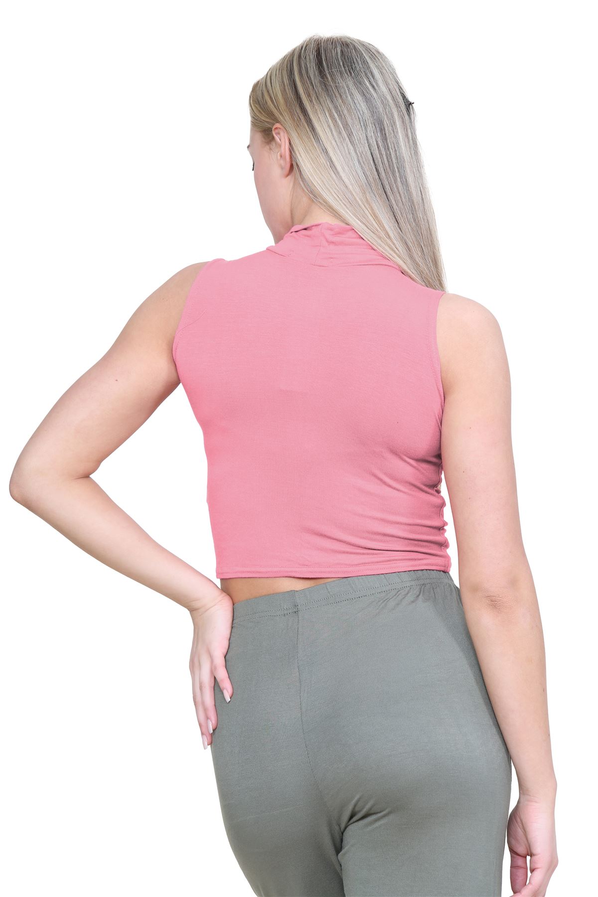 Womens Sleeveless Crop Top Ladies High Turtle Neck Plain Stretchy T-Shirt Vest - Picture 38 of 165