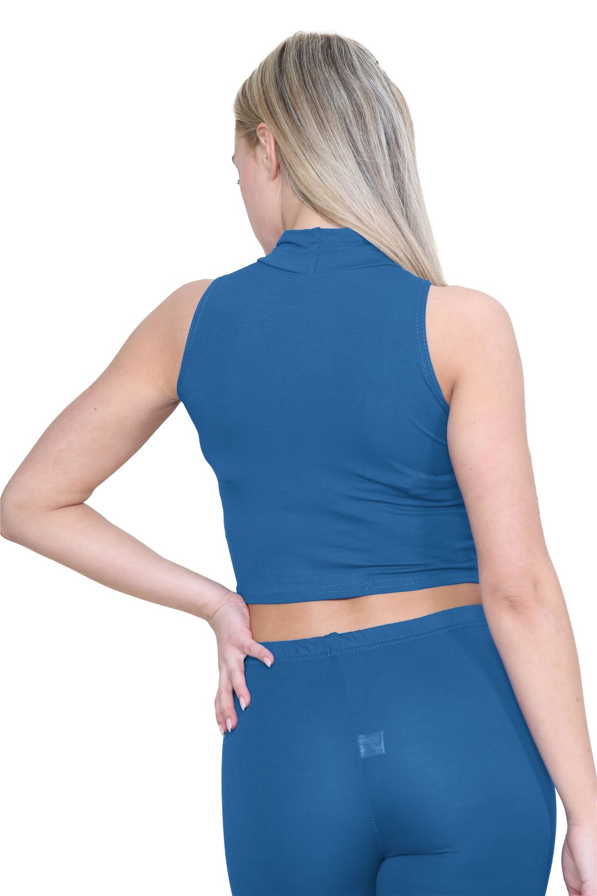 Womens Sleeveless Crop Top Ladies High Turtle Neck Plain Stretchy T-Shirt Vest - Picture 144 of 165