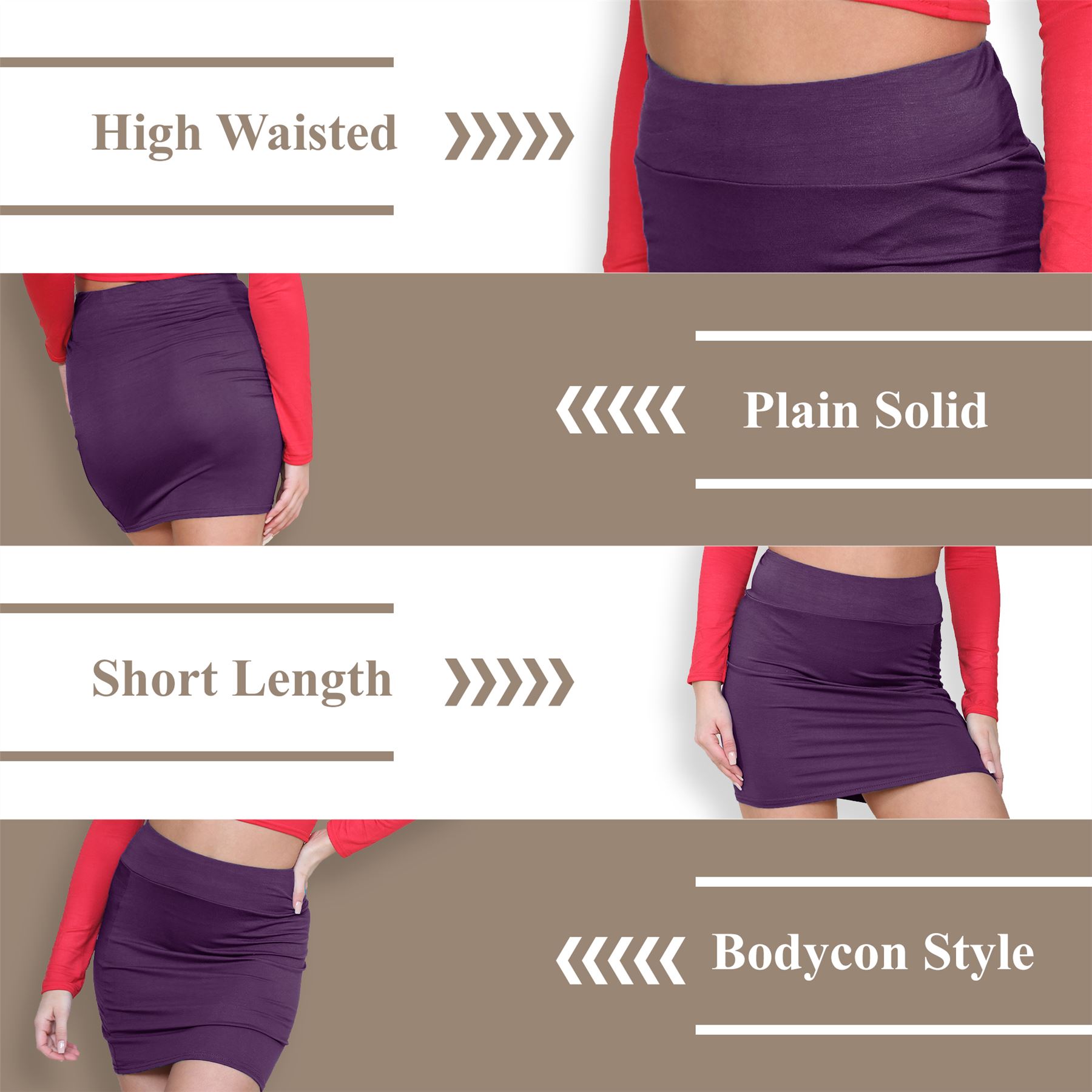 Womens Mini Skirt High Waisted Plain Printed Summer Bodycon Short Pencil Skirt - Picture 55 of 163