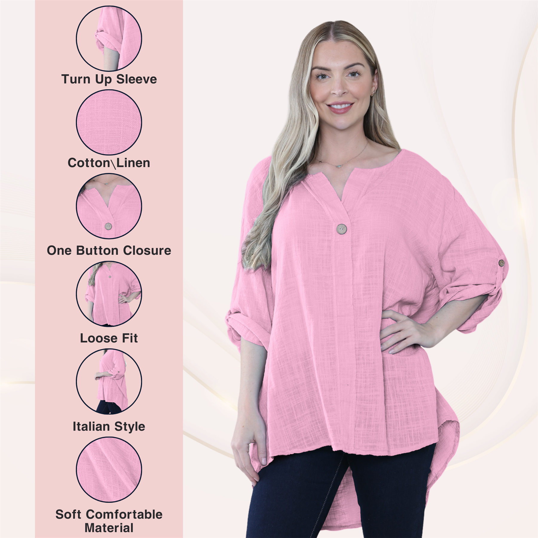 Camiseta informal lisa de lino y algodón con un botón de manga giratoria italiana para dama - Imagen 39 de 63