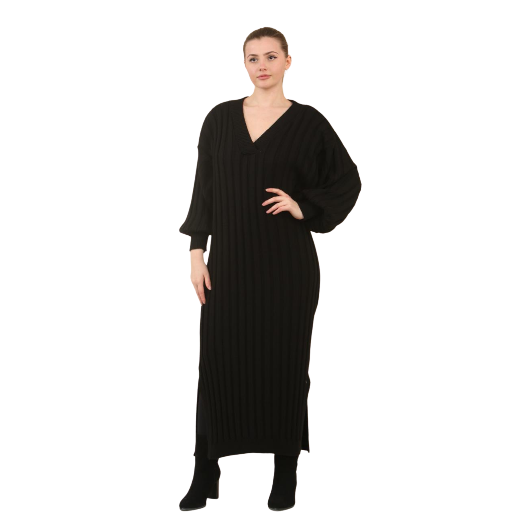 Womens Knitted Maxi Dress V-Neck Long Balloon Sleeve Jumper Longline Warm  Dress | eBay