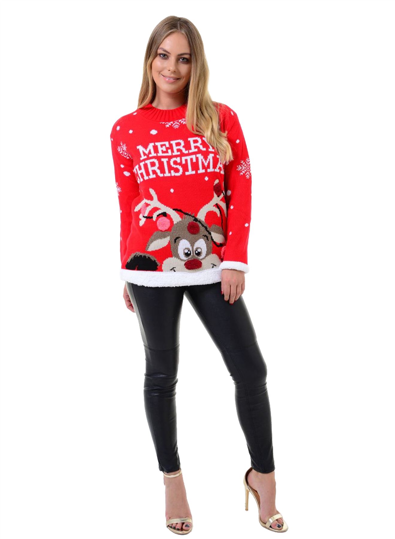 Nuevo Señoras Navidad 3D Pom Pom Xmas De punto Novedad Retro Saltador Suéter Top - Imagen 21 de 22