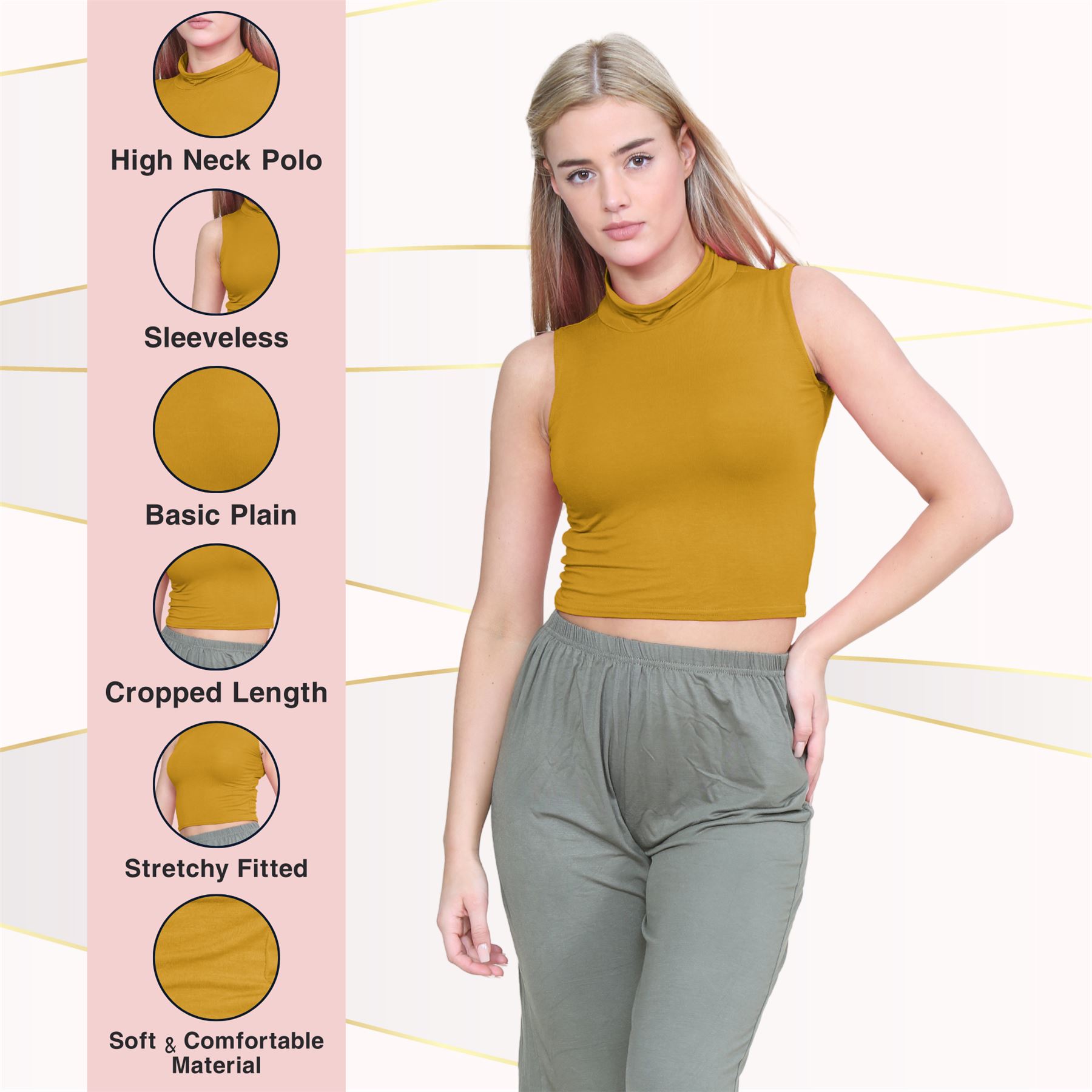 Womens Sleeveless Crop Top Ladies High Turtle Neck Plain Stretchy T-Shirt Vest - Picture 44 of 165