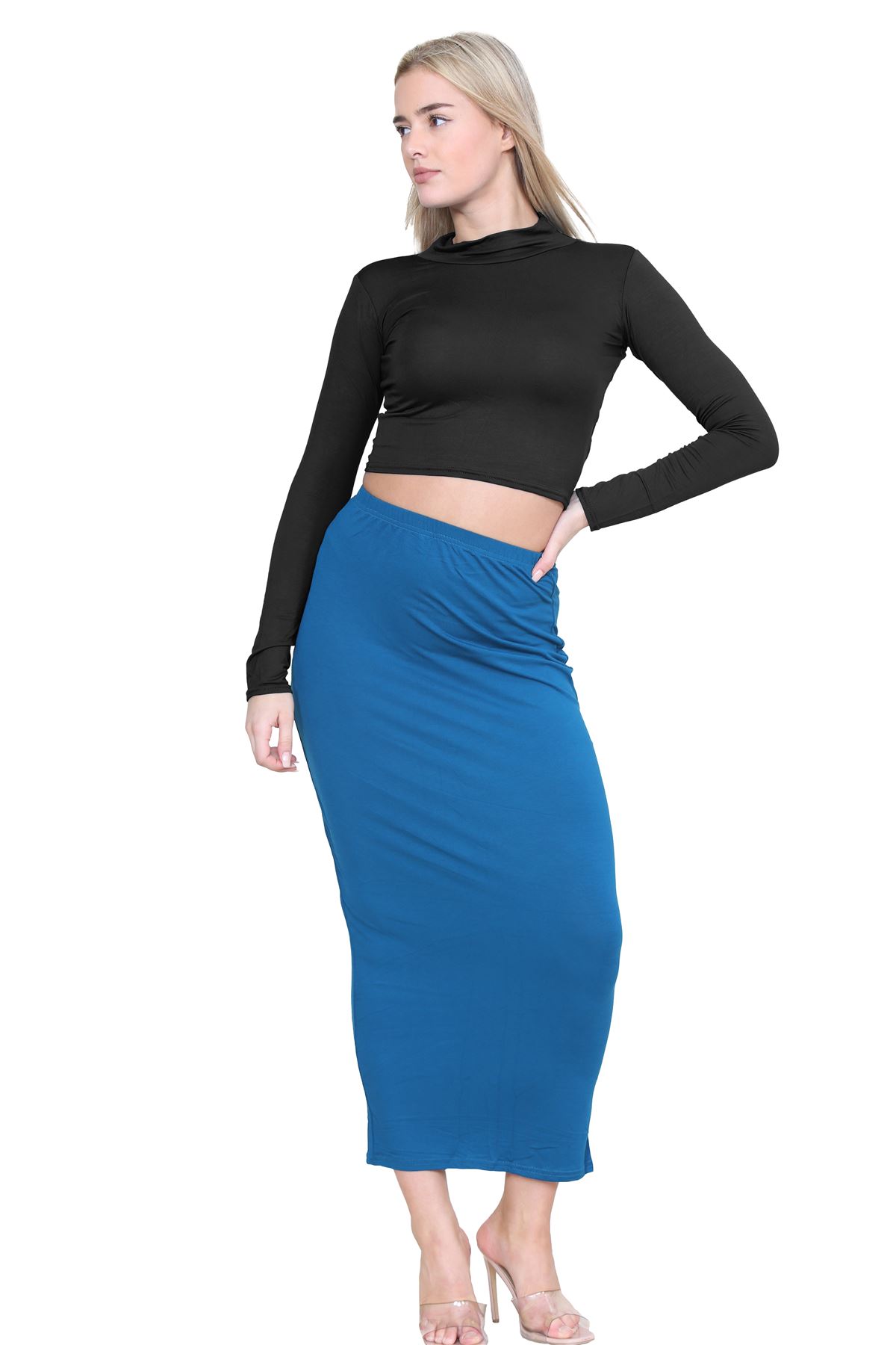 Turtle Neck Crop Top Womens Plain Long Sleeve Stretchy Basic Polo Neck T-Shirt - Picture 12 of 129