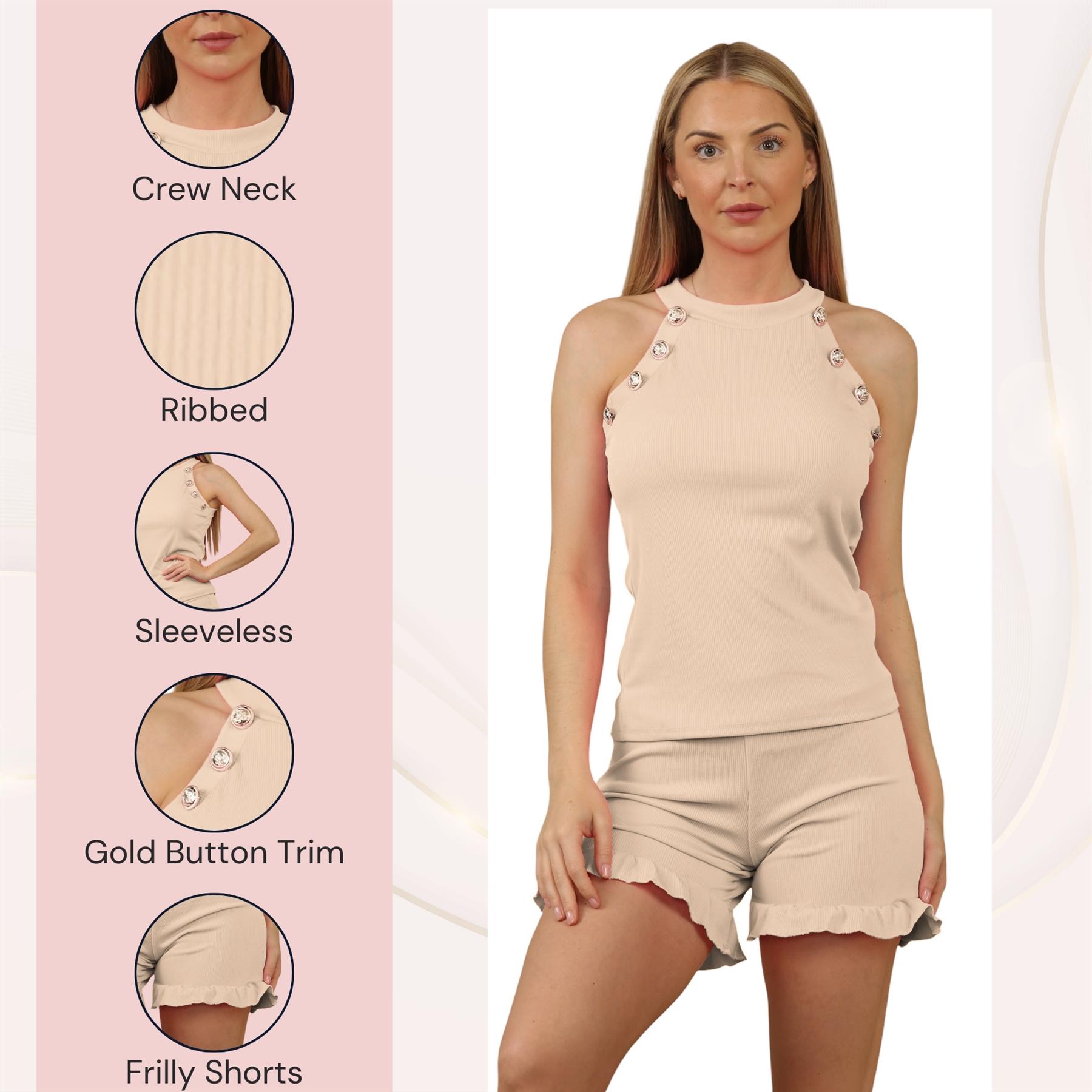 Conjunto corto acanalado para mujer Chaleco con botones dorados Top Volantes Pantalones cortos Co-ords 2 piezas Ropa de salón - Imagen 60 de 60