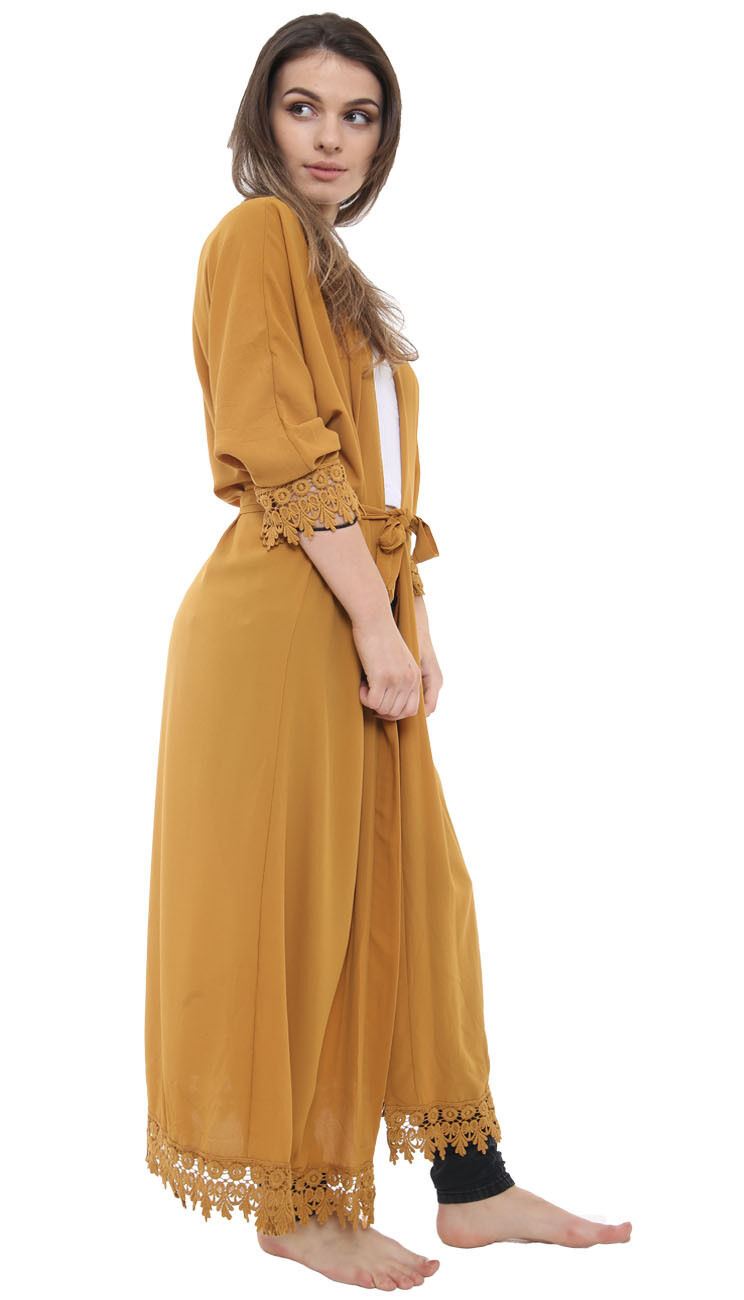 janisramone Womens Ladies New Womens Batwing Lace Cardigan Plain Belted Floaty Cape Abaya Full Length Coat
