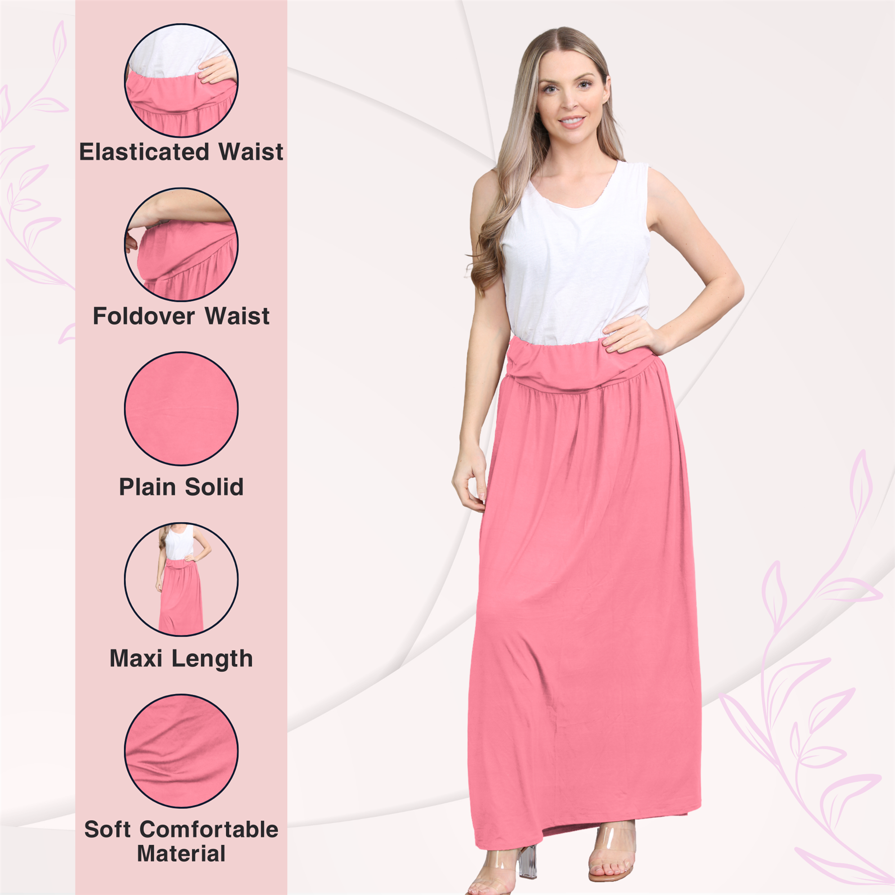Womens Fold Over Maxi Skirt Plain Pleated Waist Jersey Summer Gypsy Long Skirt - Picture 17 of 68