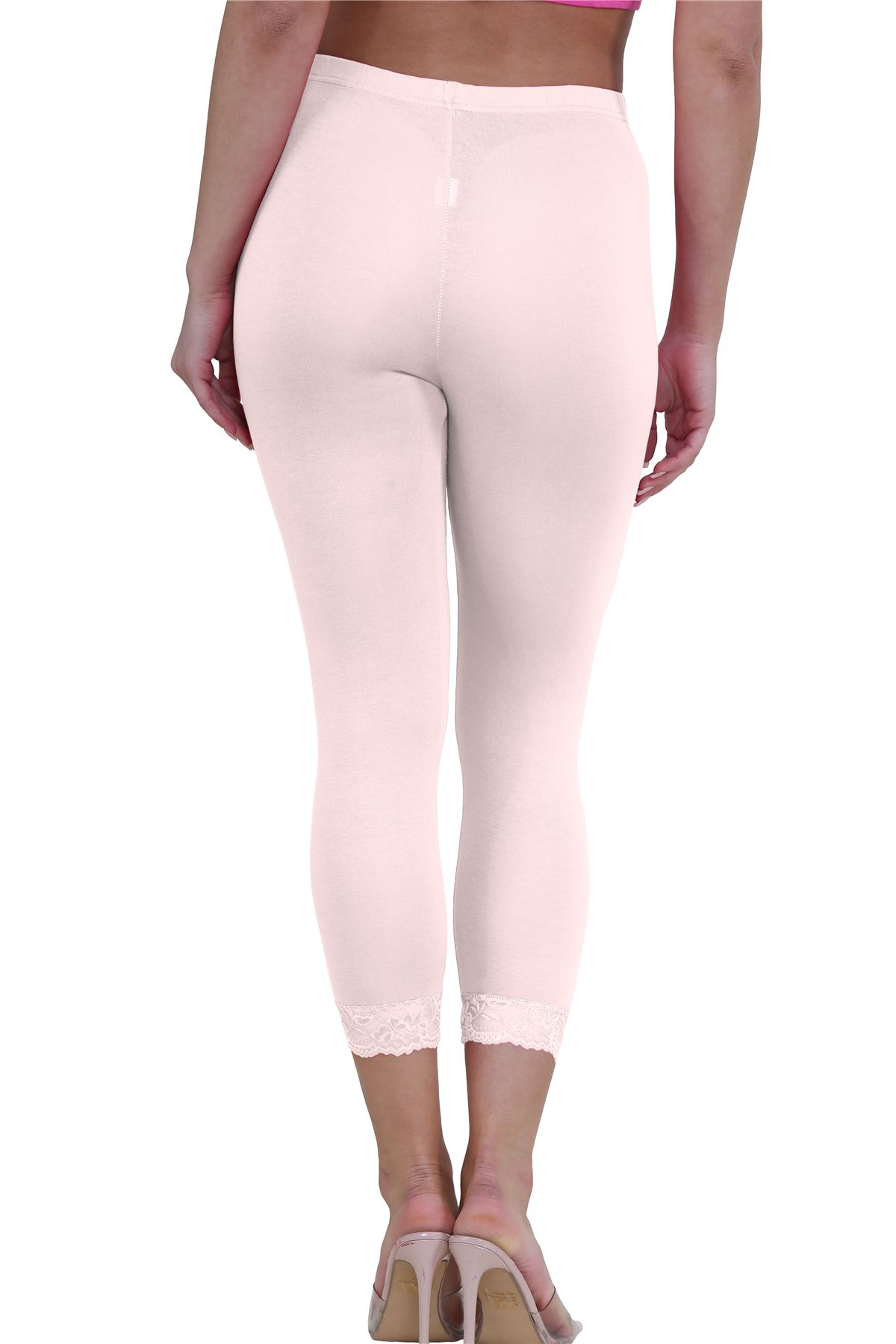 New Ladies Plain Lace Trim Cropped Yoga Stretchy 3/4 Length Capri Leggings Pants - Picture 58 of 132