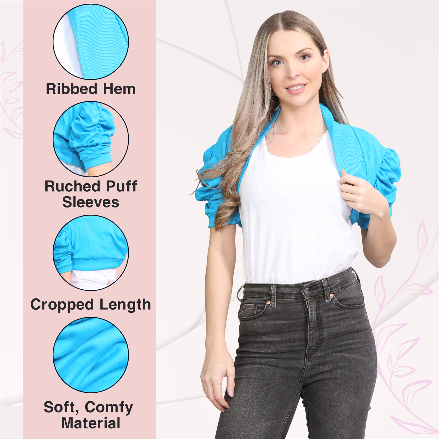 Womens Bolero Shrug Ruched Puff Sleeves Plain Open Cardigan Soft Cotton Crop Top - Picture 92 of 100