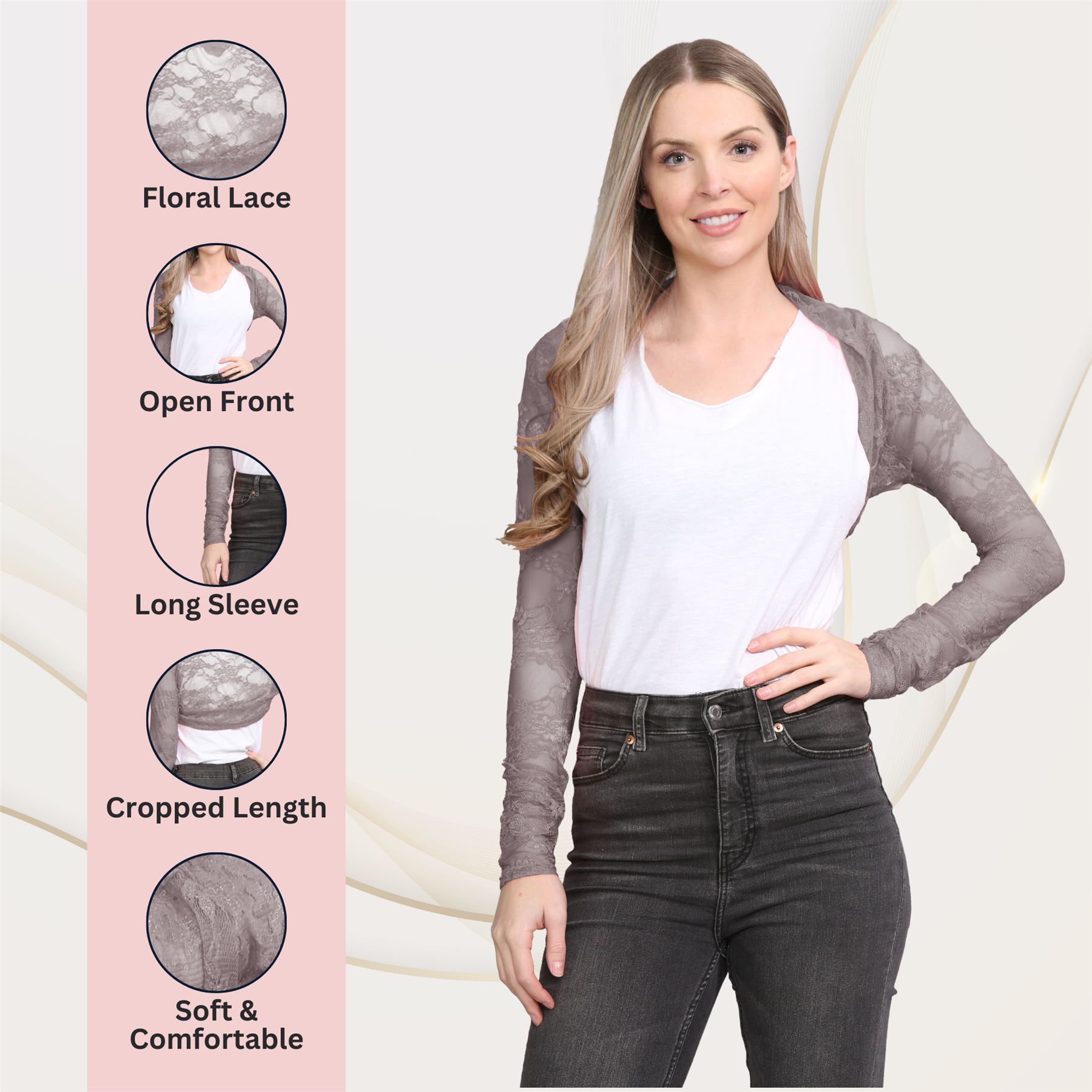 Damen Blumen Spitze Bolero Achselzucken vorne offen lange Ärmel Cropped Cardigan Top - Bild 29 von 79