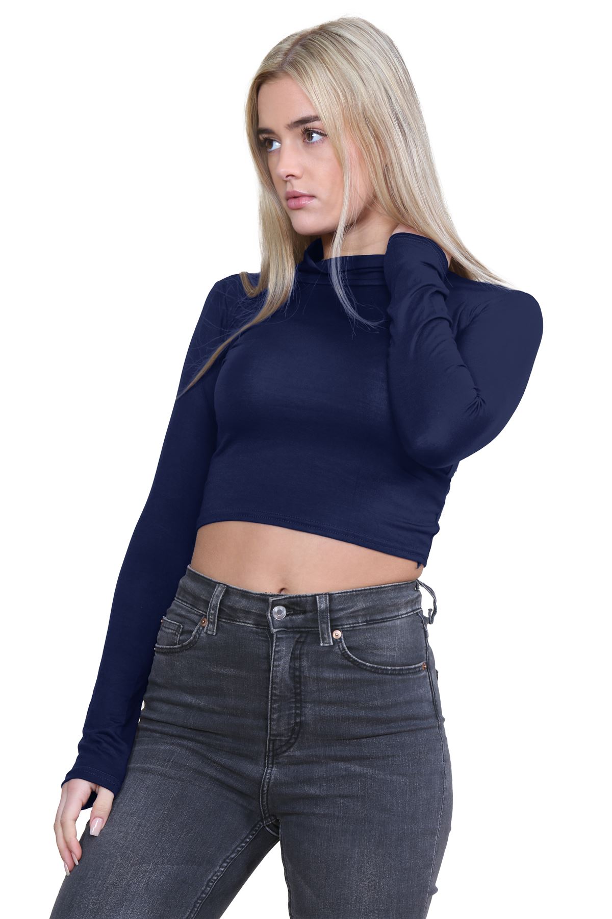 Turtle Neck Crop Top Womens Plain Long Sleeve Stretchy Basic Polo Neck T-Shirt - Picture 82 of 129