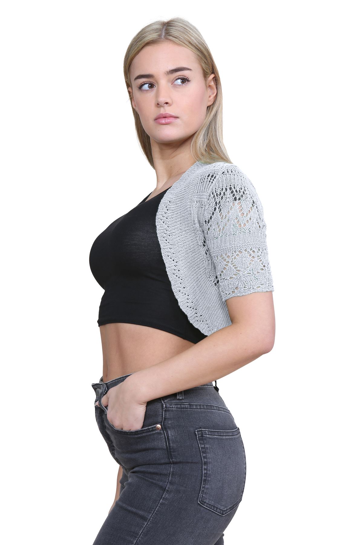 Womens Crochet Knitted Bolero Shrug Short Sleeve Open Front Cardigan Crop Top - Picture 57 of 186