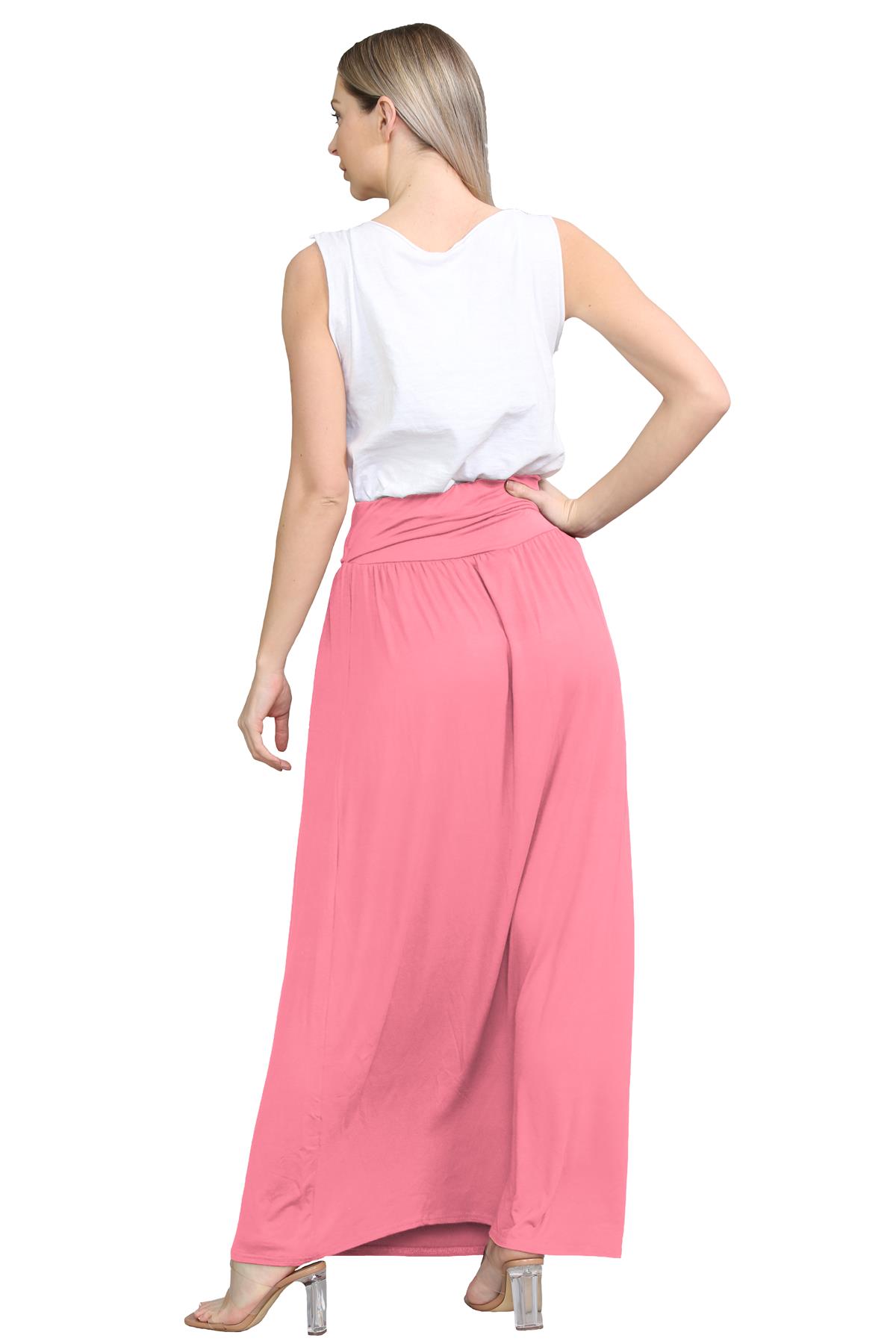 Womens Fold Over Maxi Skirt Plain Pleated Waist Jersey Summer Gypsy Long Skirt - Picture 16 of 68