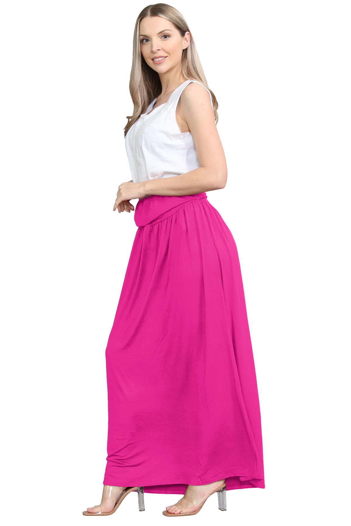 Womens Fold Over Maxi Skirt Plain Pleated Waist Jersey Summer Gypsy Long Skirt - Picture 7 of 68