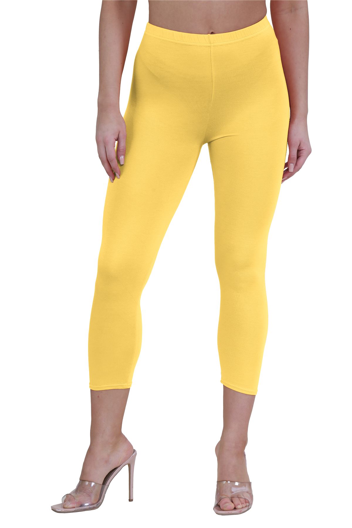 Womens 3/4 Leggings Workout Tight Plain Stretchy Cropped Capri Active Pants - Picture 75 of 186