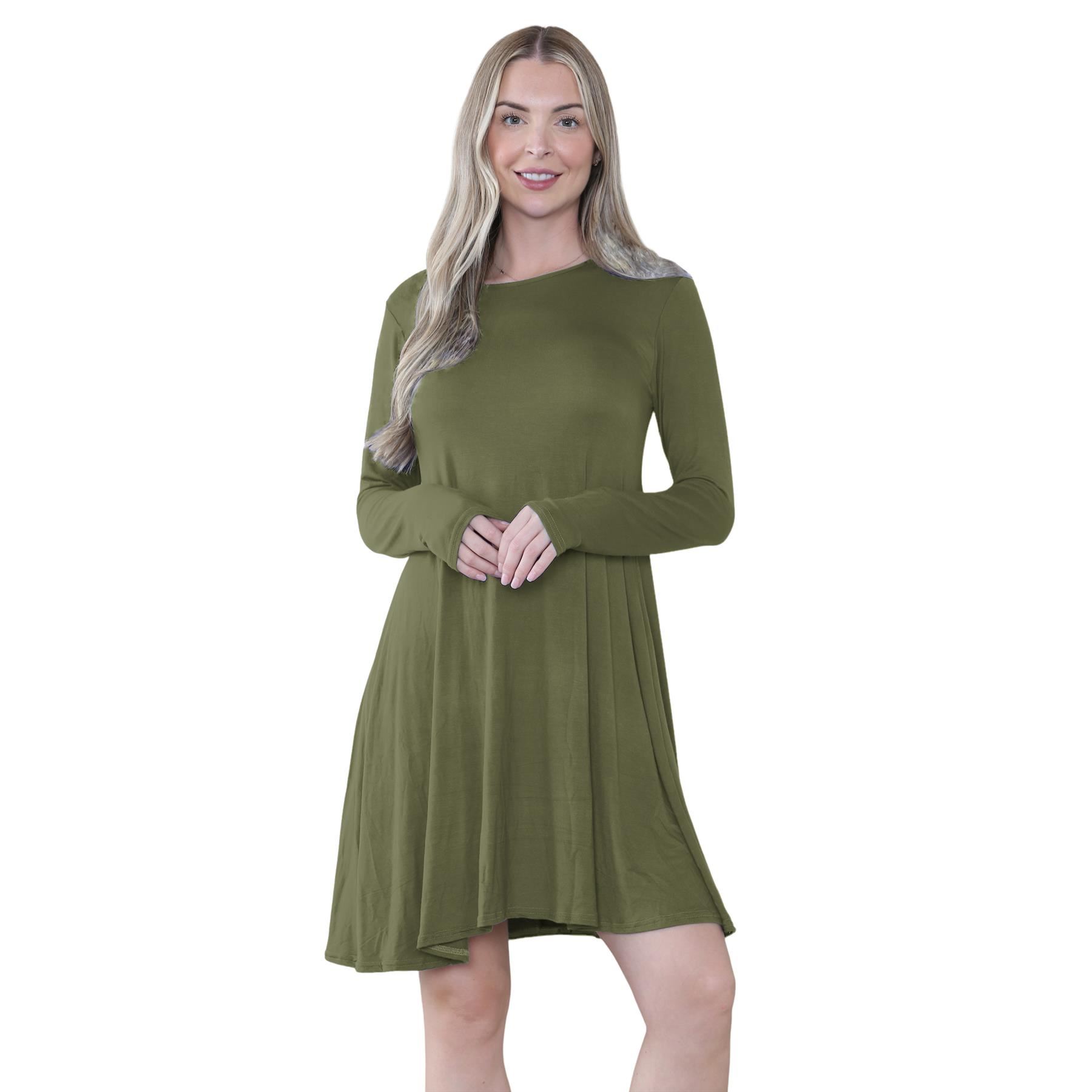 Damen Swing Kleid Uni Langarm Freizeit Ausgestellt A Linie Mini Oberteil Übergröße - Bild 43 von 100