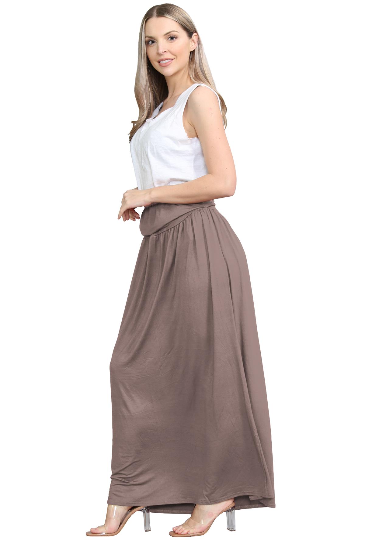 Womens Fold Over Maxi Skirt Plain Pleated Waist Jersey Summer Gypsy Long Skirt - Picture 32 of 68