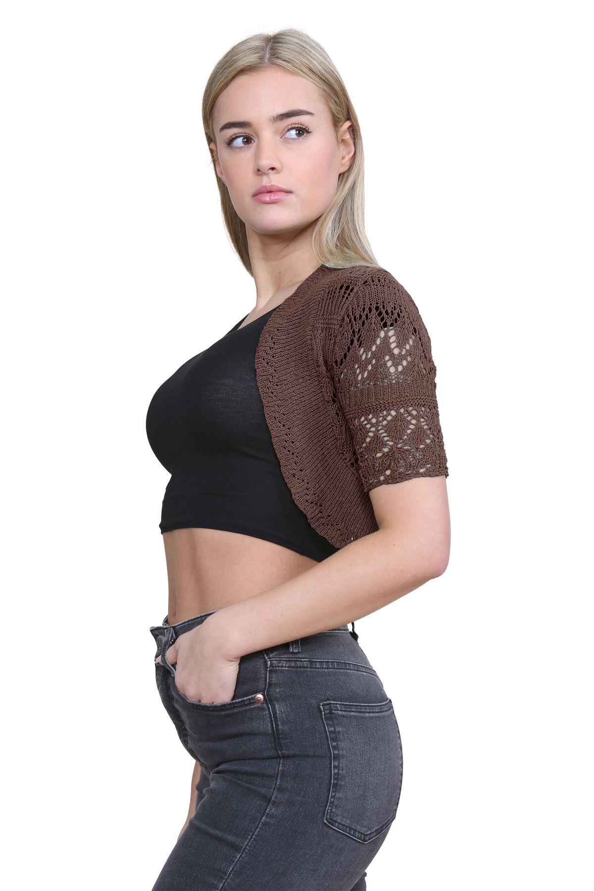 Womens Crochet Knitted Bolero Shrug Short Sleeve Open Front Cardigan Crop Top - Picture 21 of 186