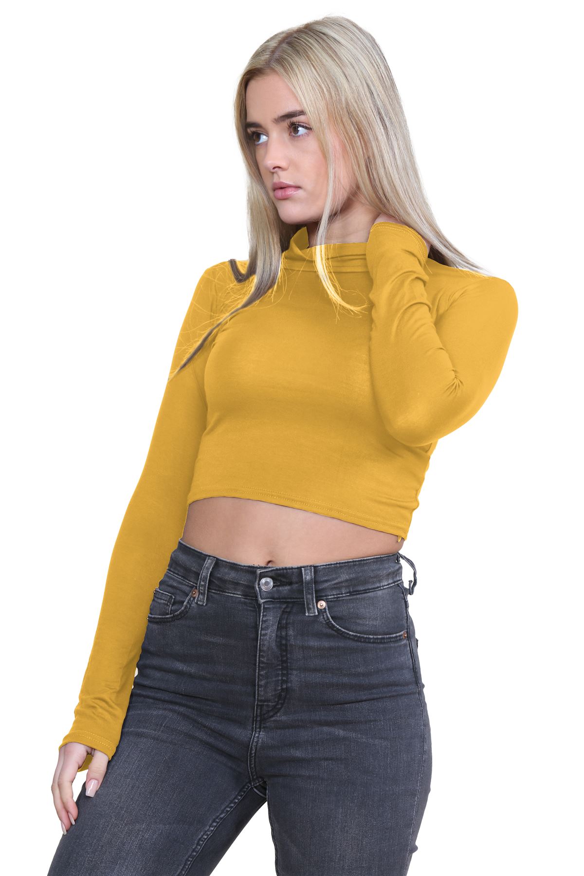 Turtle Neck Crop Top Womens Plain Long Sleeve Stretchy Basic Polo Neck T-Shirt - Picture 61 of 129