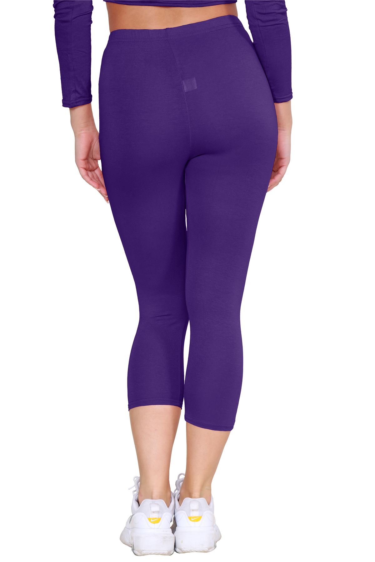 Womens 3/4 Leggings Workout Tight Plain Stretchy Cropped Capri Active Pants - Picture 125 of 186