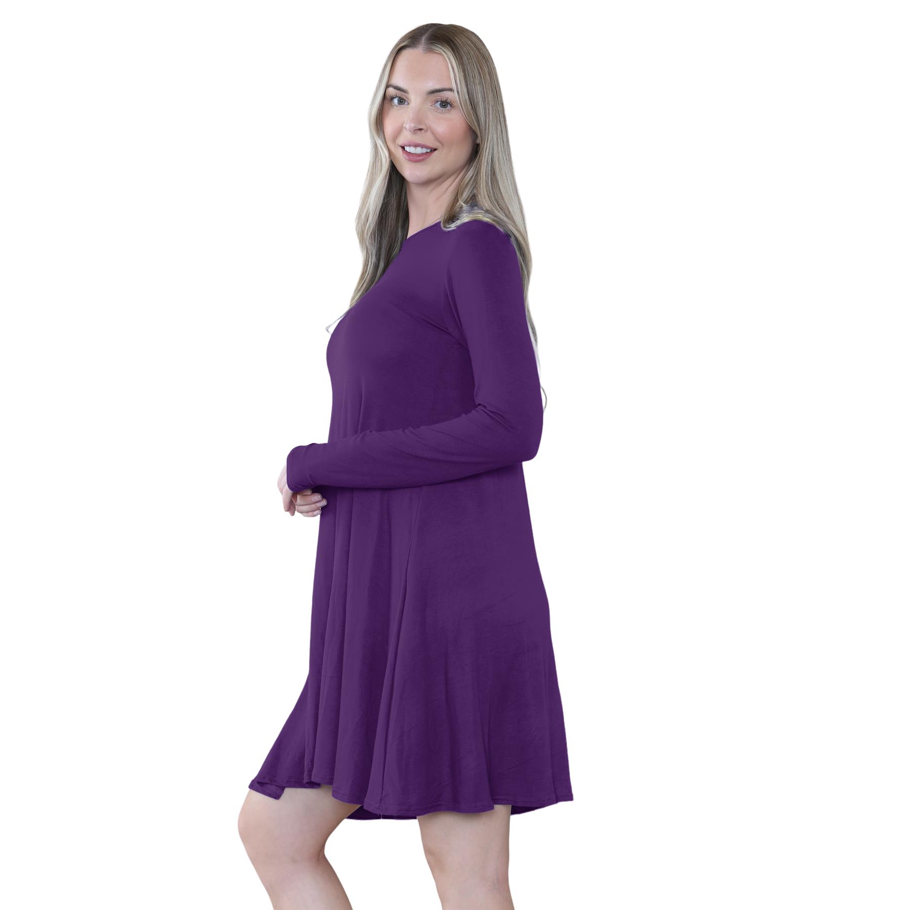 Damen Swing Kleid Uni Langarm Freizeit Ausgestellt A Linie Mini Oberteil Übergröße - Bild 66 von 100
