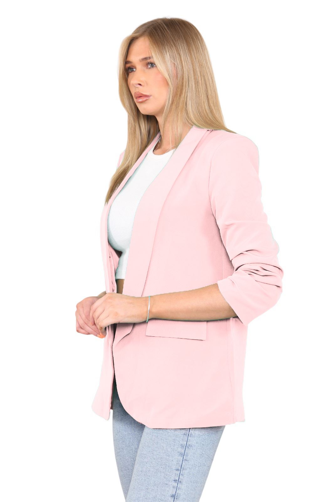 Blazer de manga acanalada para damas totalmente forrado cuello liso informal chaqueta de oficina top - Imagen 52 de 97