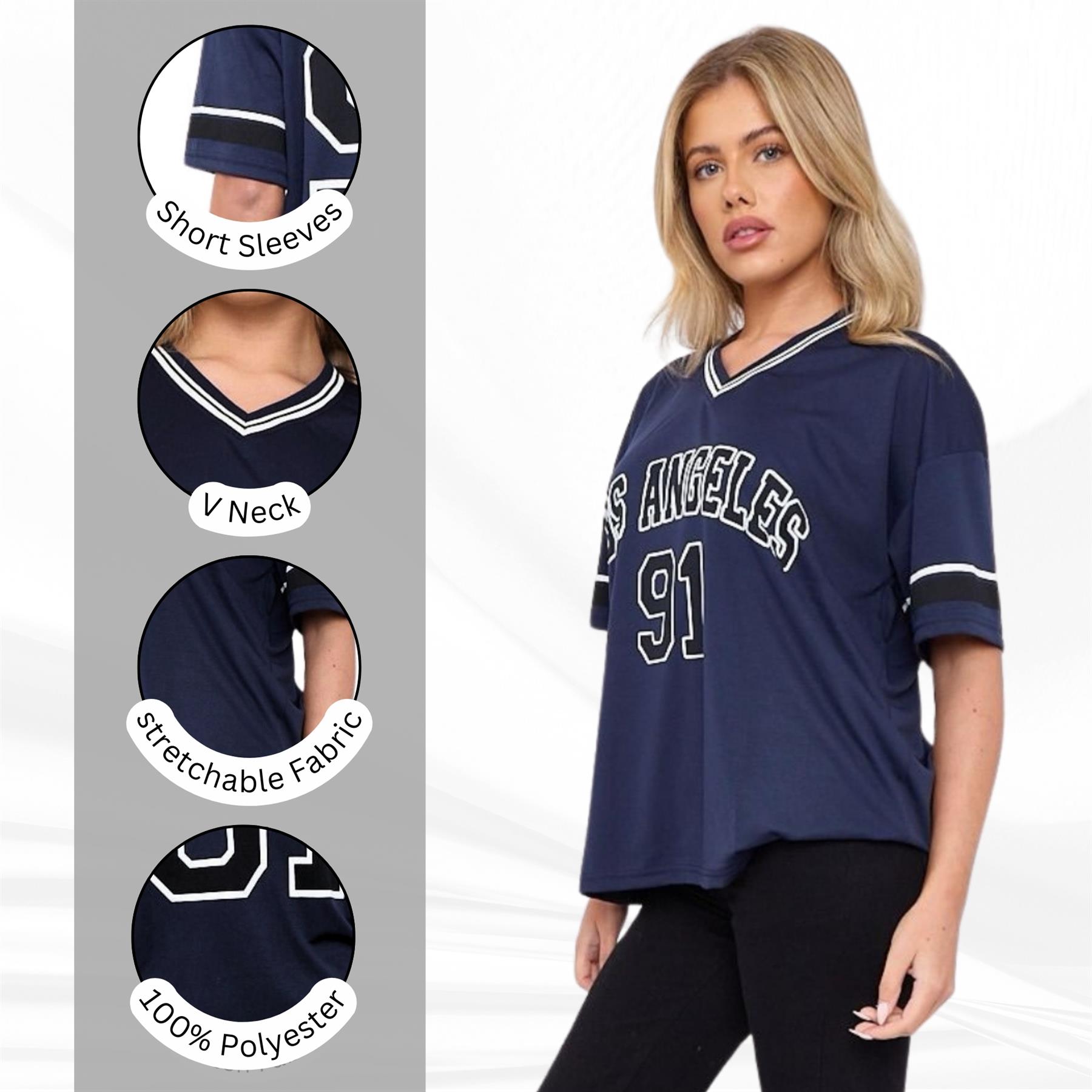 Camiseta de mujer de gran tamaño cuello en V LA 91 fútbol americano universitario holgada verano top - Imagen 27 de 50