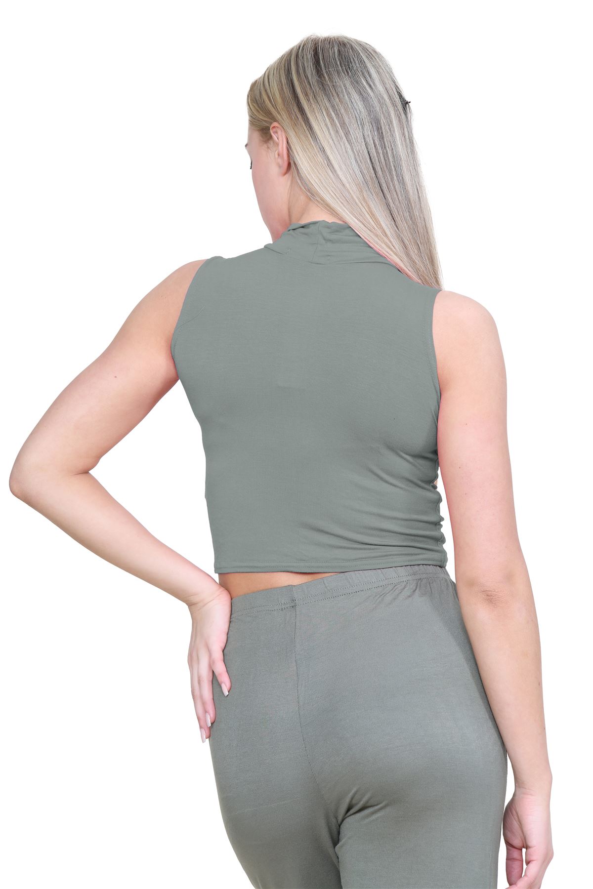 Womens Sleeveless Crop Top Ladies High Turtle Neck Plain Stretchy T-Shirt Vest - Picture 63 of 165