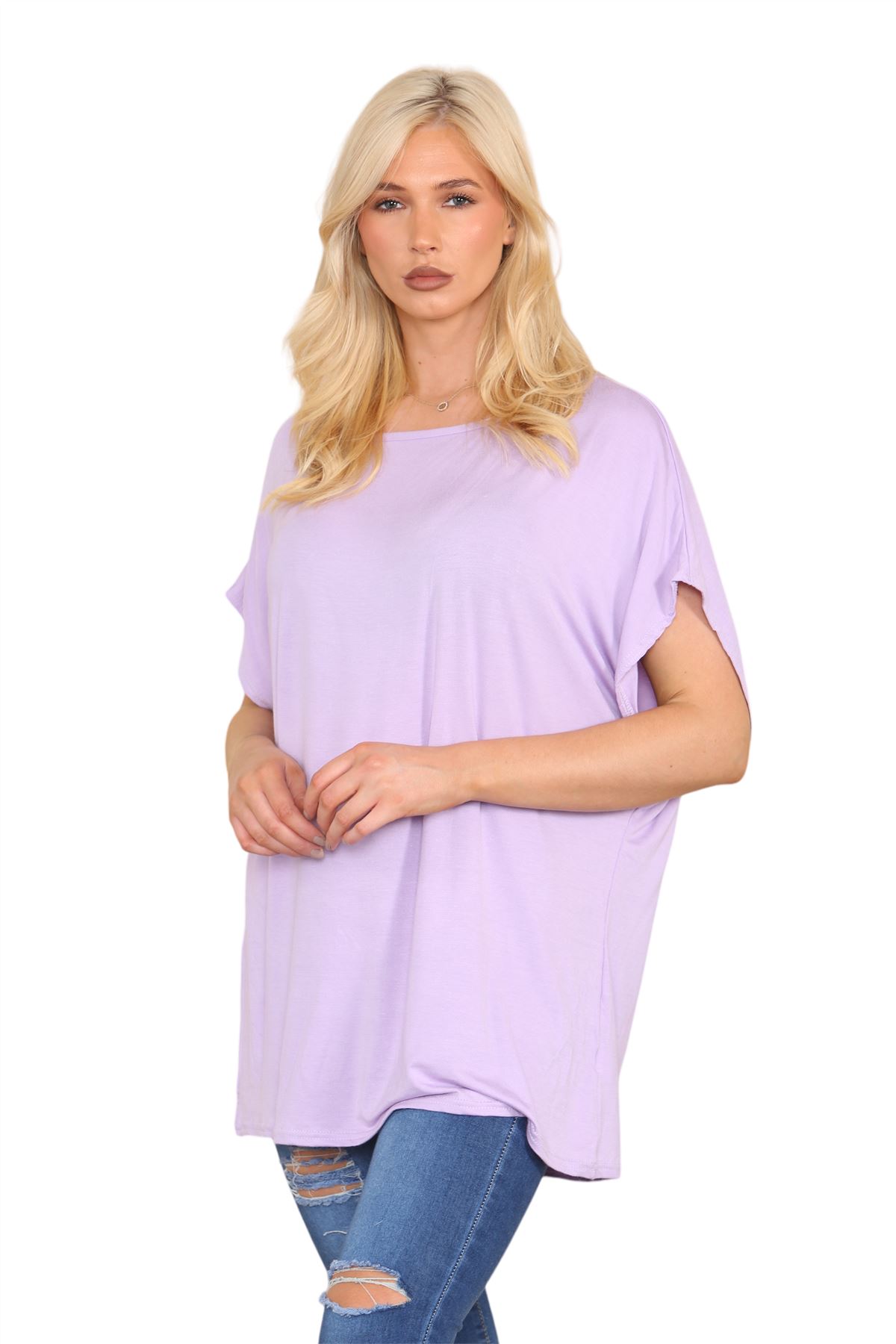 Womens Off Shoulder Top Batwing Sleeve Bardot Oversized T Shirt Plain Summer Top - Picture 77 of 225