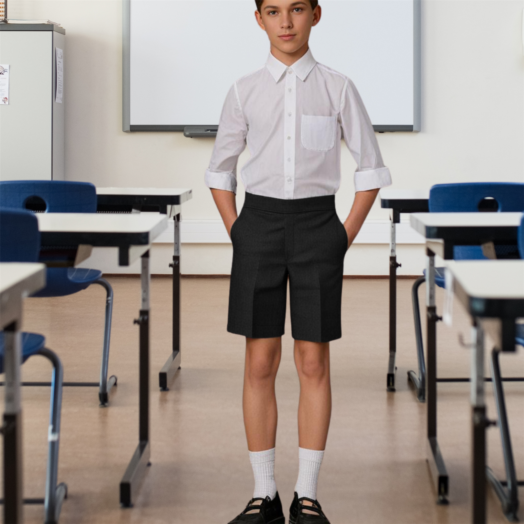 Pantalones cortos escolares medio elásticos espalda tirante pantalones uniformes para niños 2-10 años - Imagen 6 de 14