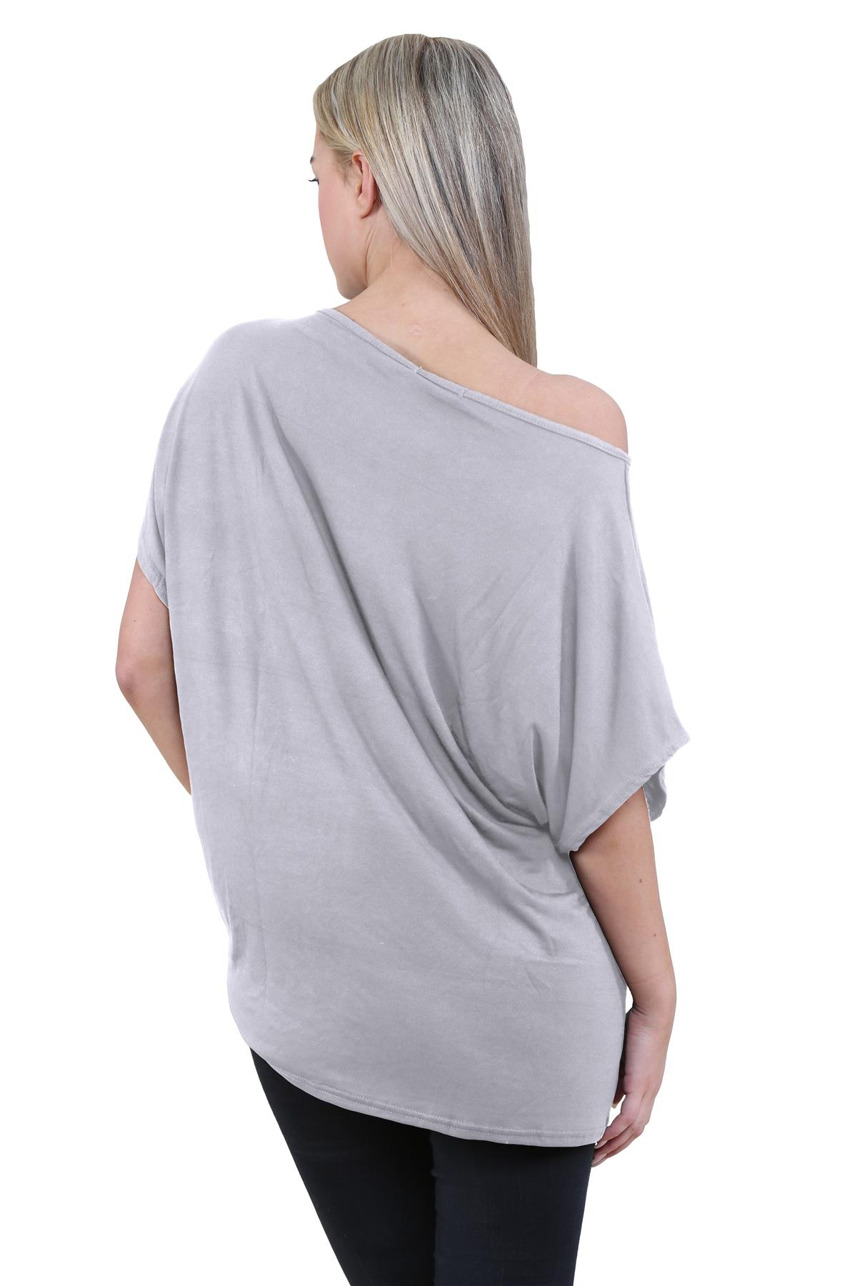 Womens Off Shoulder Top Batwing Sleeve Bardot Oversized T Shirt Plain Summer Top - Picture 168 of 225