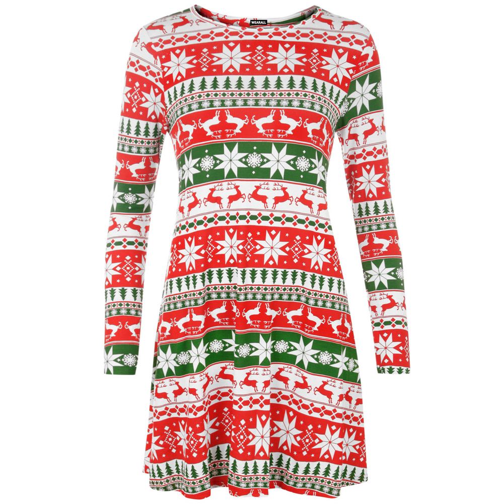 new womens long sleeves christmas print swing dress ladies new womens long sleeves christmas print swing dress ladies