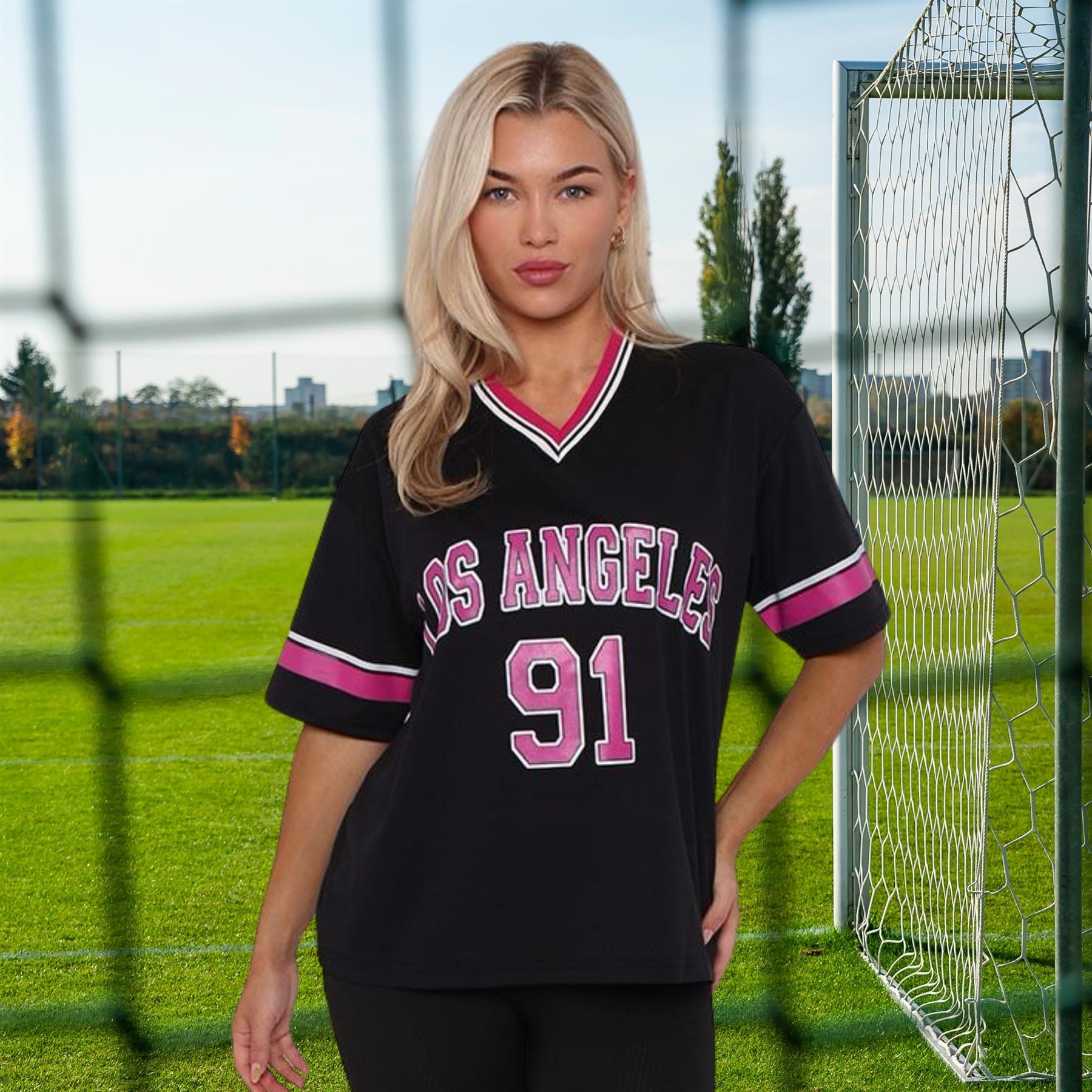 Camiseta de mujer de gran tamaño cuello en V LA 91 fútbol americano universitario holgada verano top - Imagen 15 de 50