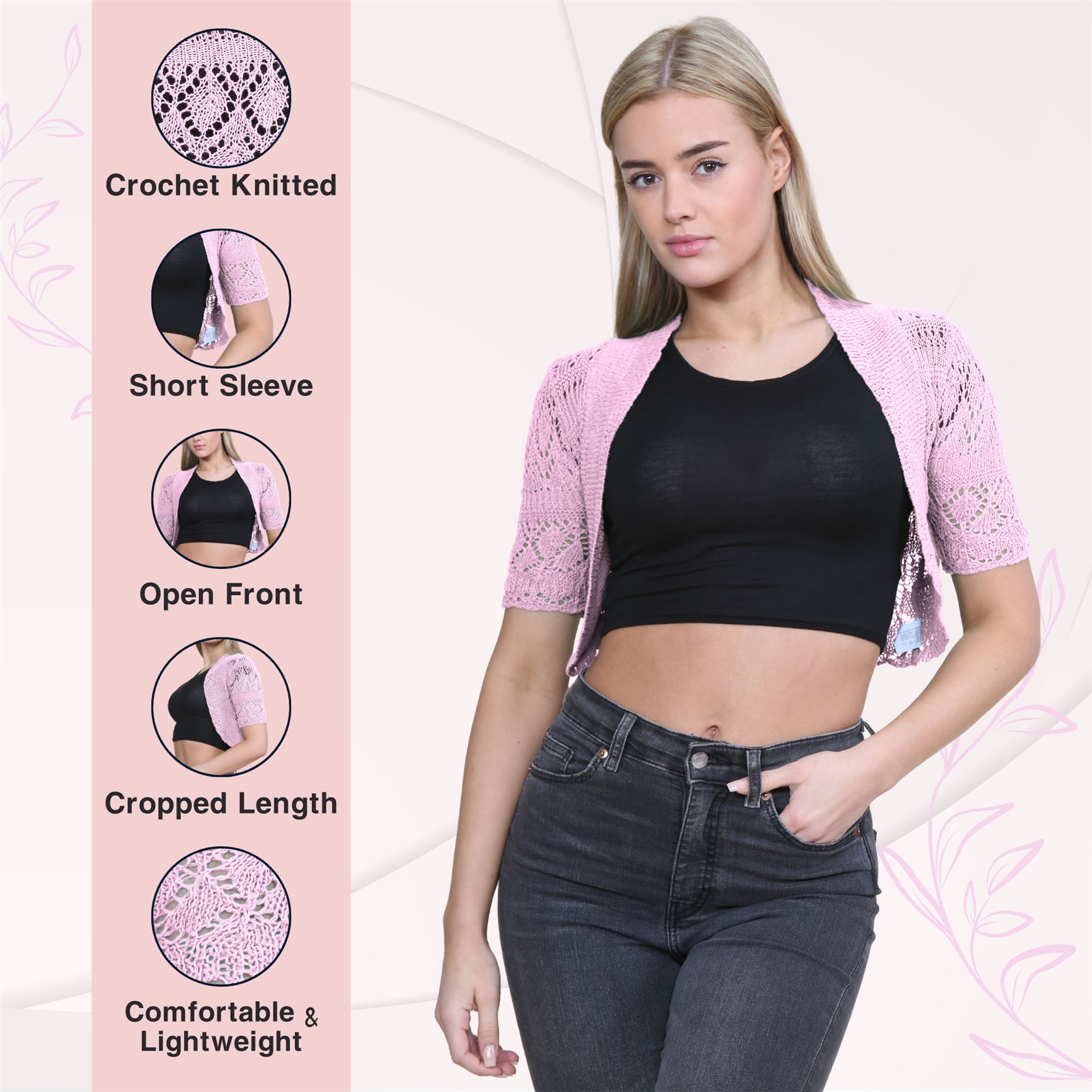 Womens Crochet Knitted Bolero Shrug Short Sleeve Open Front Cardigan Crop Top - Picture 11 of 186
