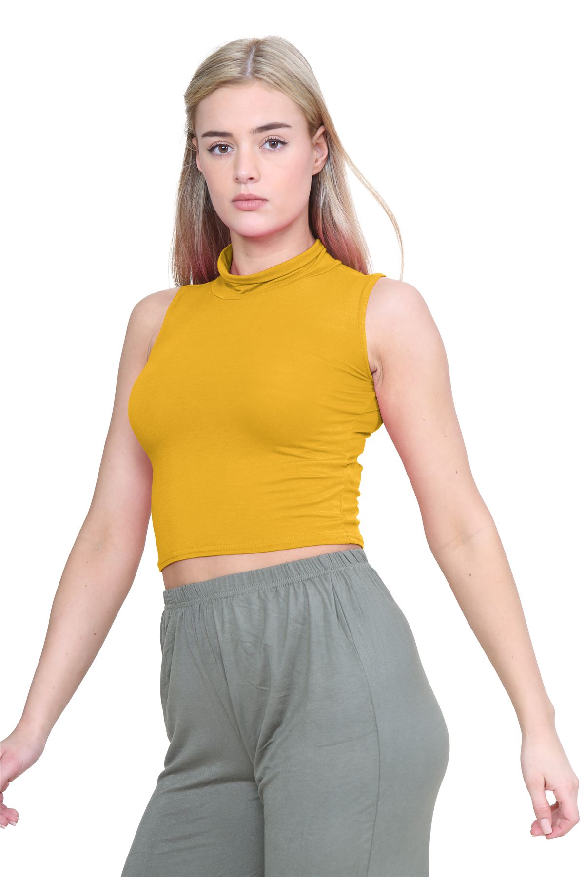 Womens Sleeveless Crop Top Ladies High Turtle Neck Plain Stretchy T-Shirt Vest - Picture 70 of 165