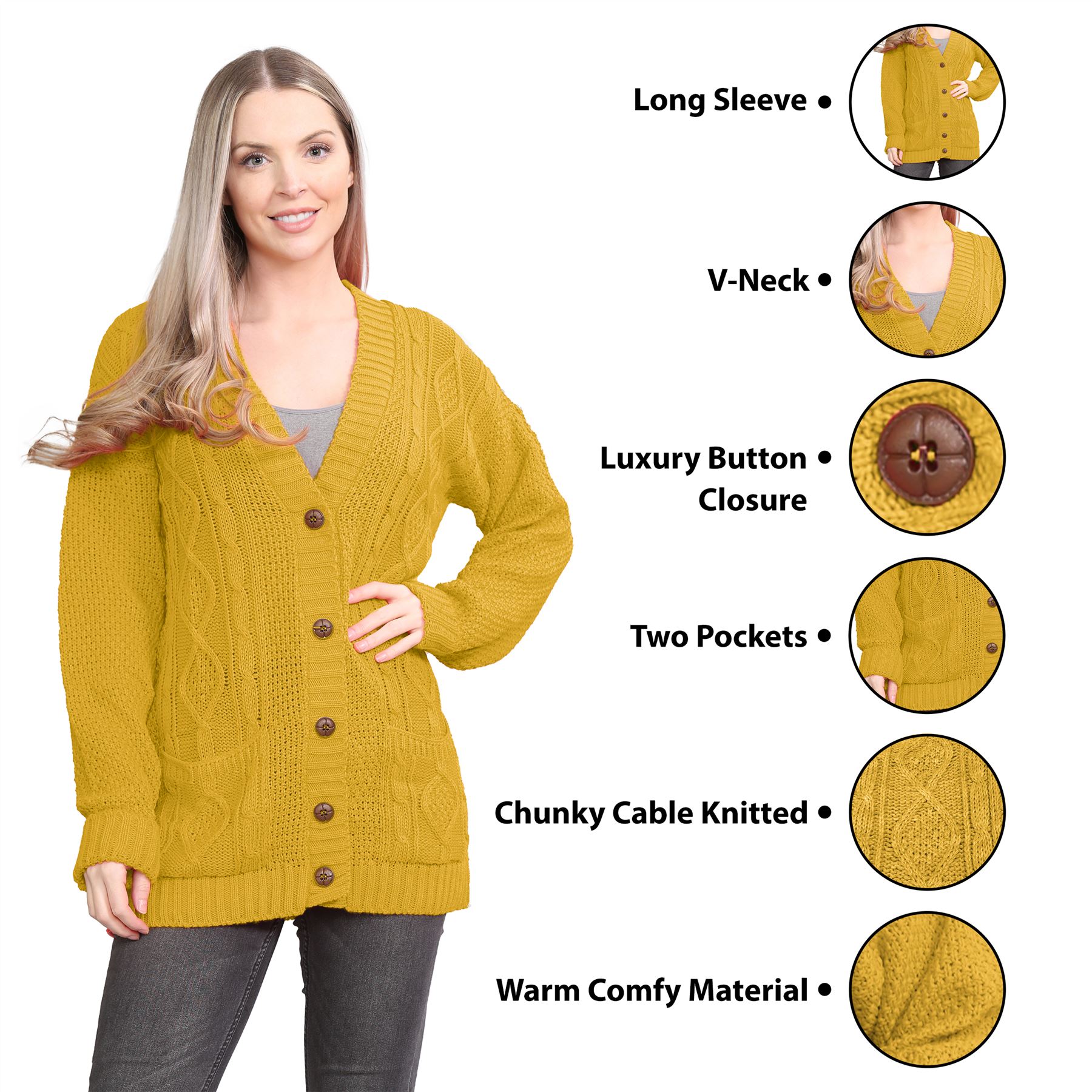 Womens Ladies Chunky Cable Knitted Button Long Sleeve Grandad Cardigan Jumper - Picture 45 of 94