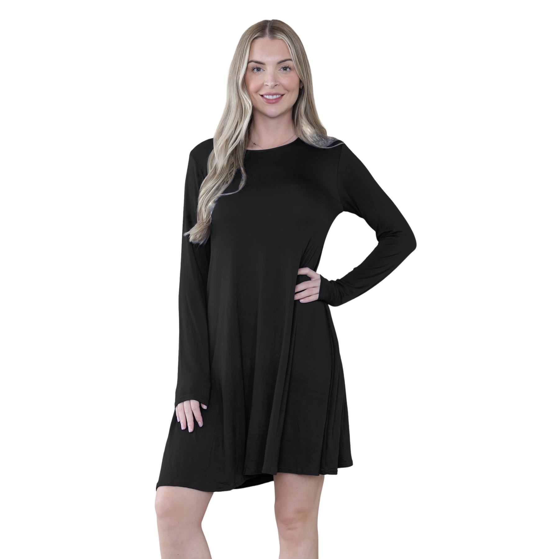 Damen Swing Kleid Uni Langarm Freizeit Ausgestellt A Linie Mini Oberteil Übergröße - Bild 5 von 100
