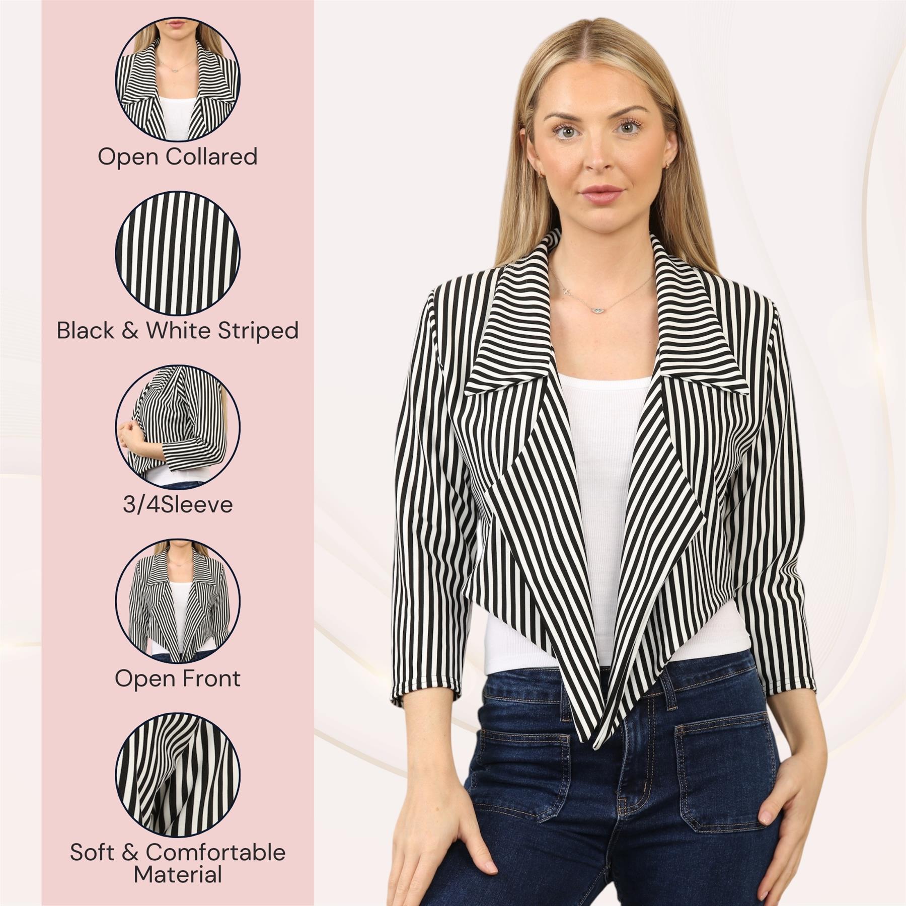 Womens Waterfall Crop Blazer Black White Stripe Print 3/4 Sleeve Open Jacket Top - Picture 7 of 9