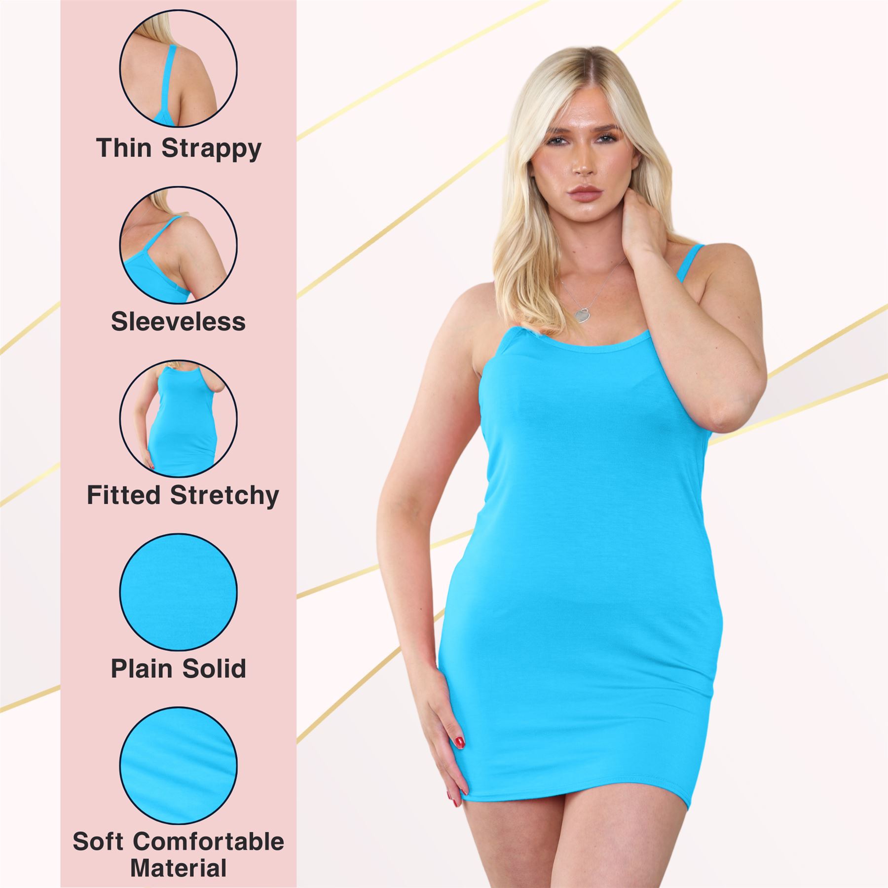 Womens Cami Bodycon Mini Dress Plain Strappy Vest Summer Tank Top Mini Dress - Picture 111 of 127